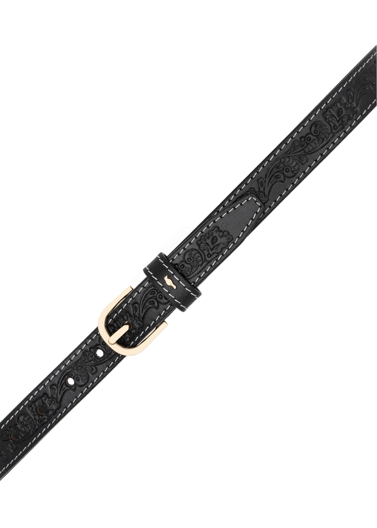 Black leather women's belt PASDS-0334-98(Z25), view of the buckle of the product on a white background.
