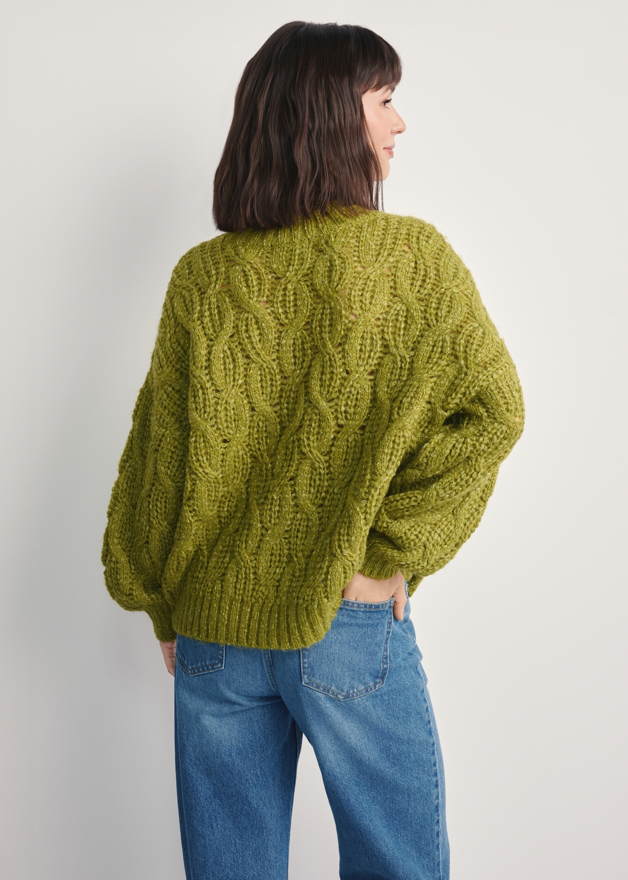 Women's lime green sweater SWEDT-0236-84(Z25), back view of the product on the model. Half of the silhouette visible.