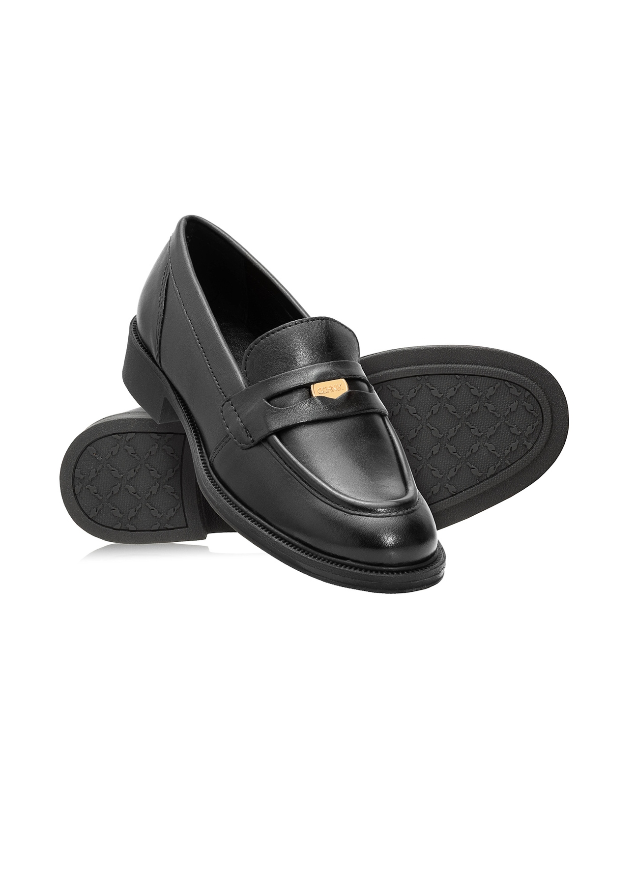Women's black leather moccasins with logo BUTYD-1199-99(Z25), diagonal product view on white background.