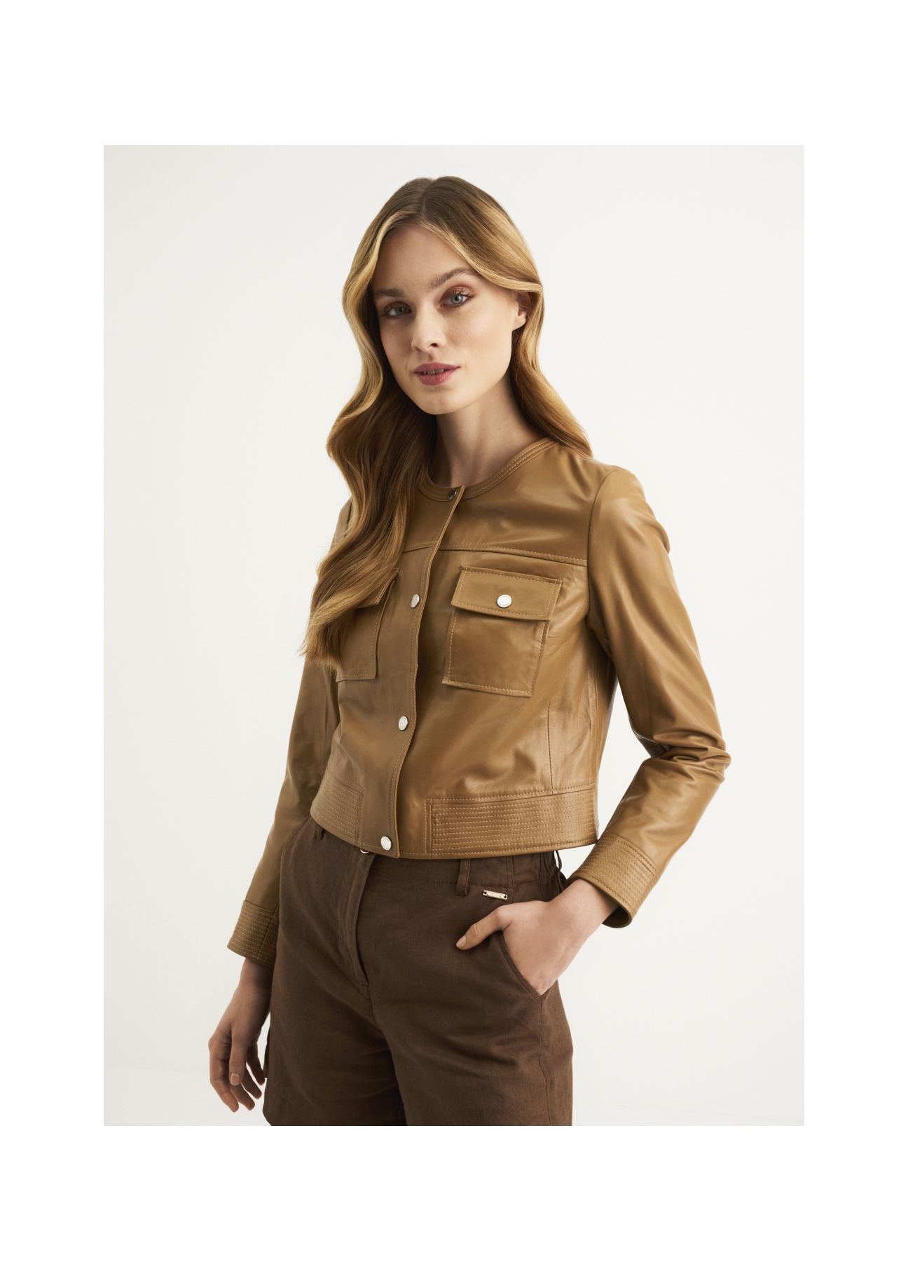 Women's caramel leather jacket KURDS-0346-5607(W22)-01