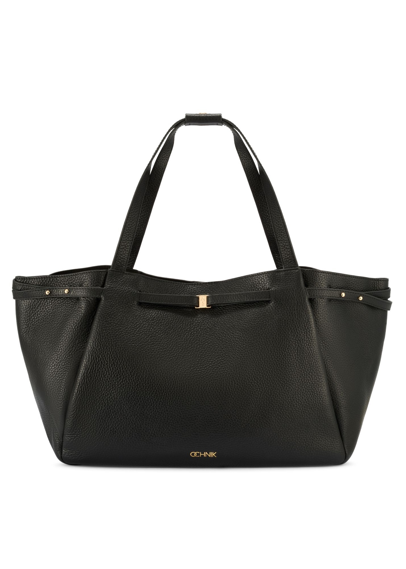 Black leather shopper bag TORES-1207-9I(W26) - front product view, on a white background.