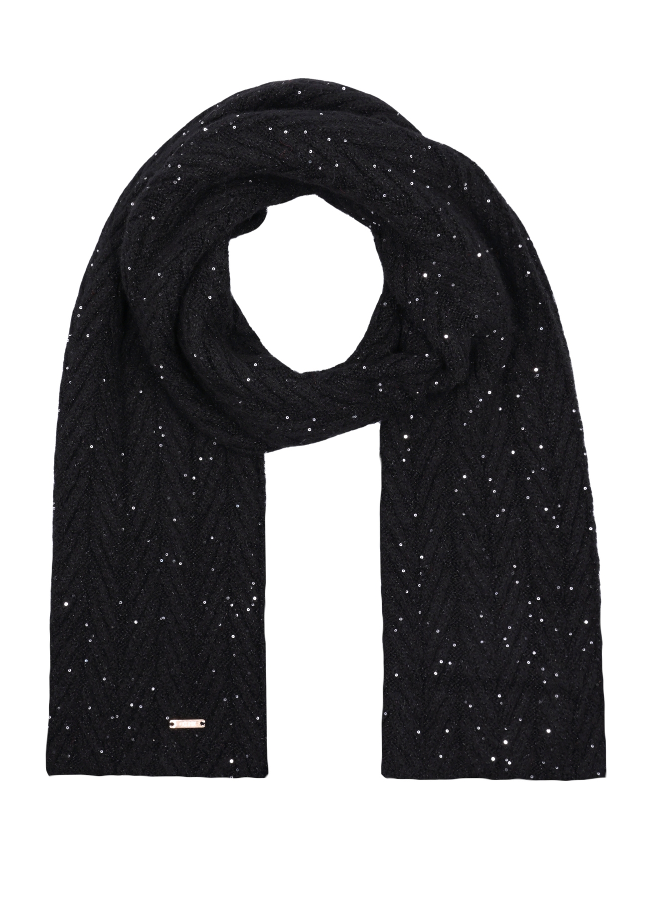 Black women's scarf with sequins SZADT-0220-99(Z26), front product view on white background.