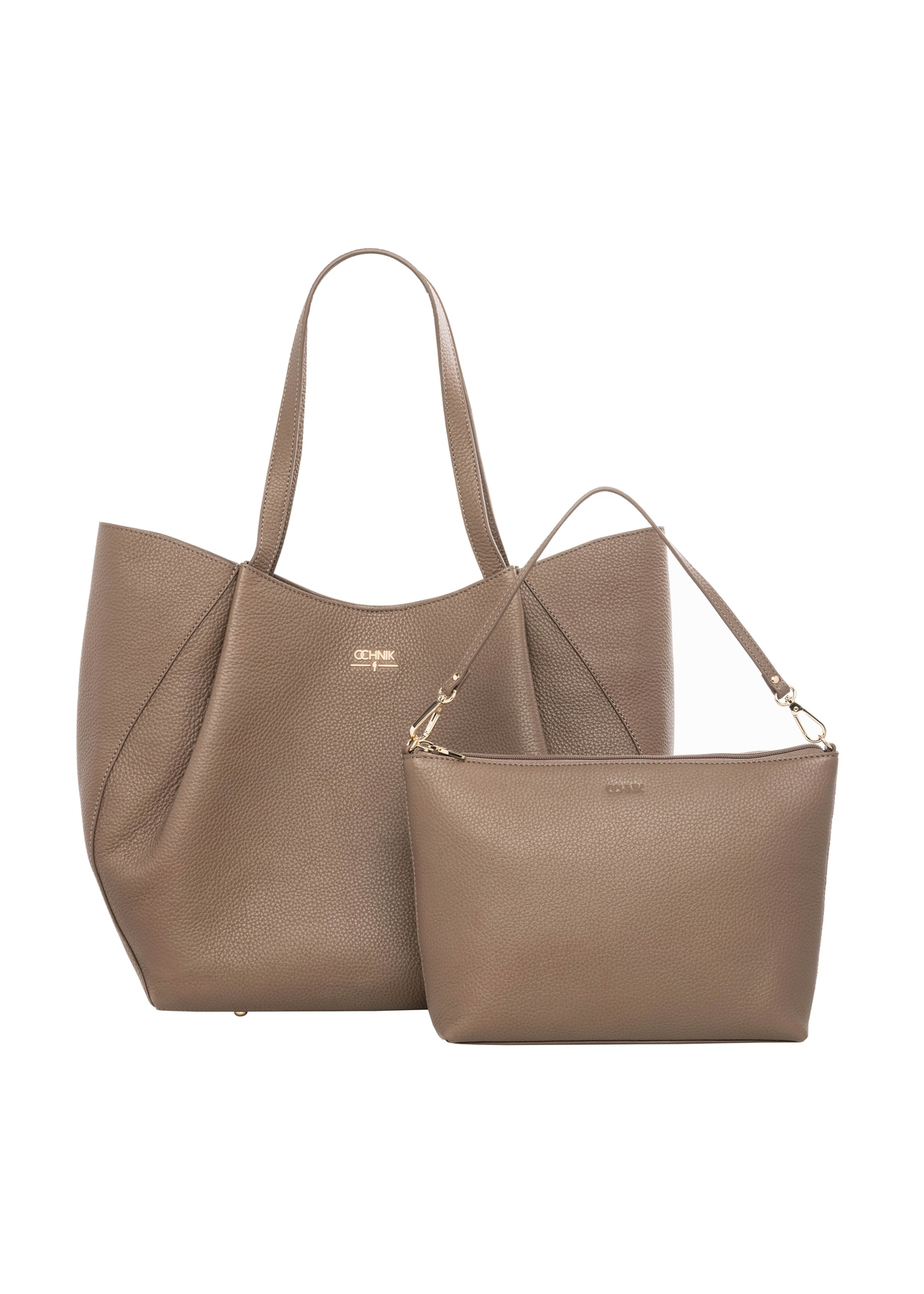 Women's leather shopper bag in cool beige color TORES-1358-1K(Z26), product view with cosmetic bag on white background.