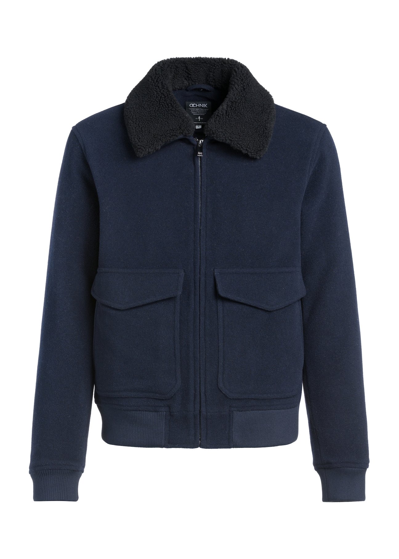 Navy blue men's sheepskin jacket PLAMT-0009-69(Z25), product view from the front on a white background.