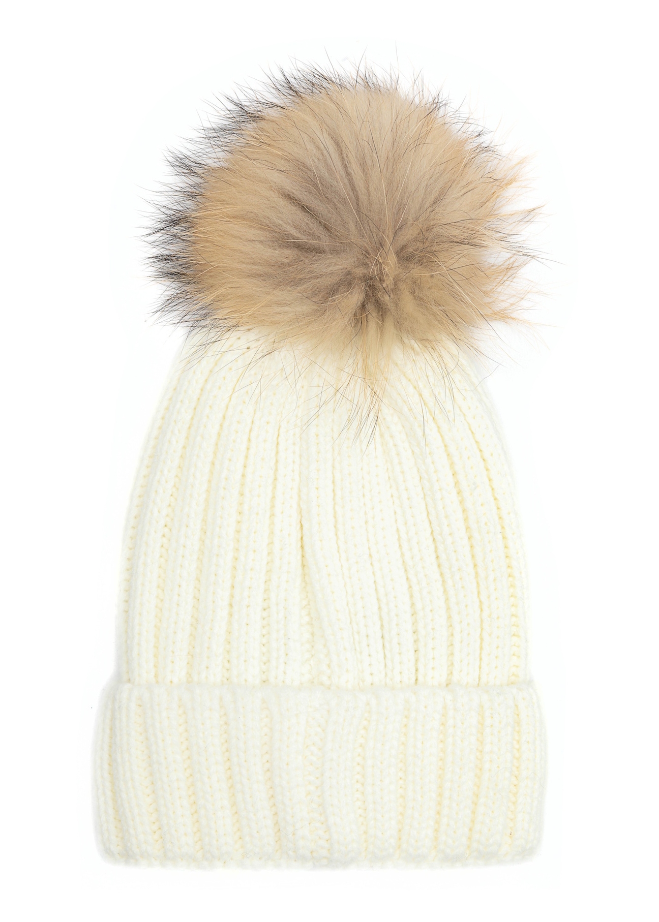 Cream women's hat with pompom CZADT-0066A-12(Z25), back view of the product on a white background.