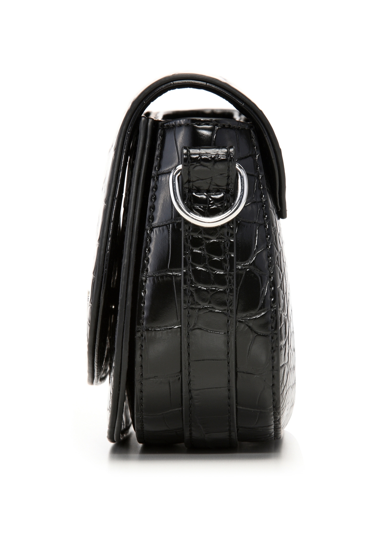 Small black women's croco handbag TOREC-1264-9G(Z26), product view from the side on a white background.