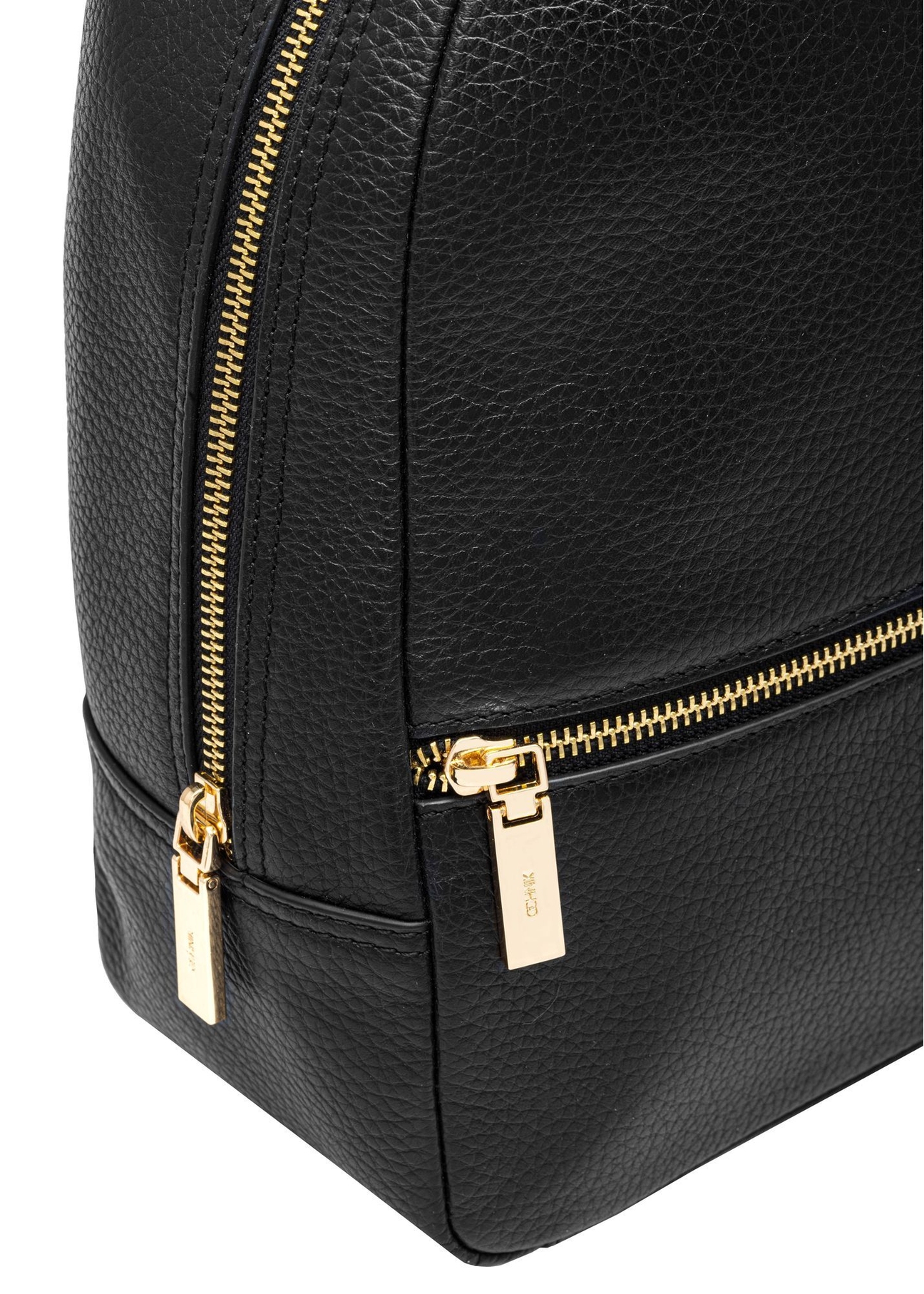 Black leather women's backpack TORES-0898D-99(Z25) - close-up of the gold zipper, on white background.
