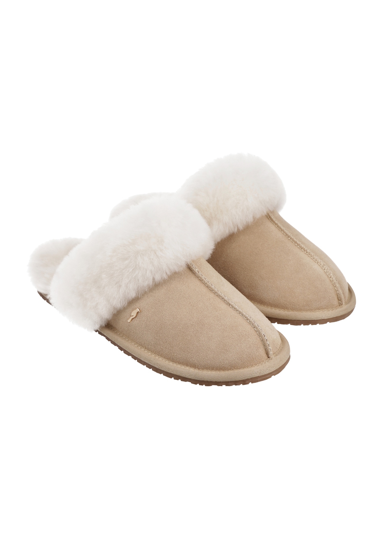 Beige women's suede slippers BUTYD-1319-1B(Z26), angled product view on a white background.