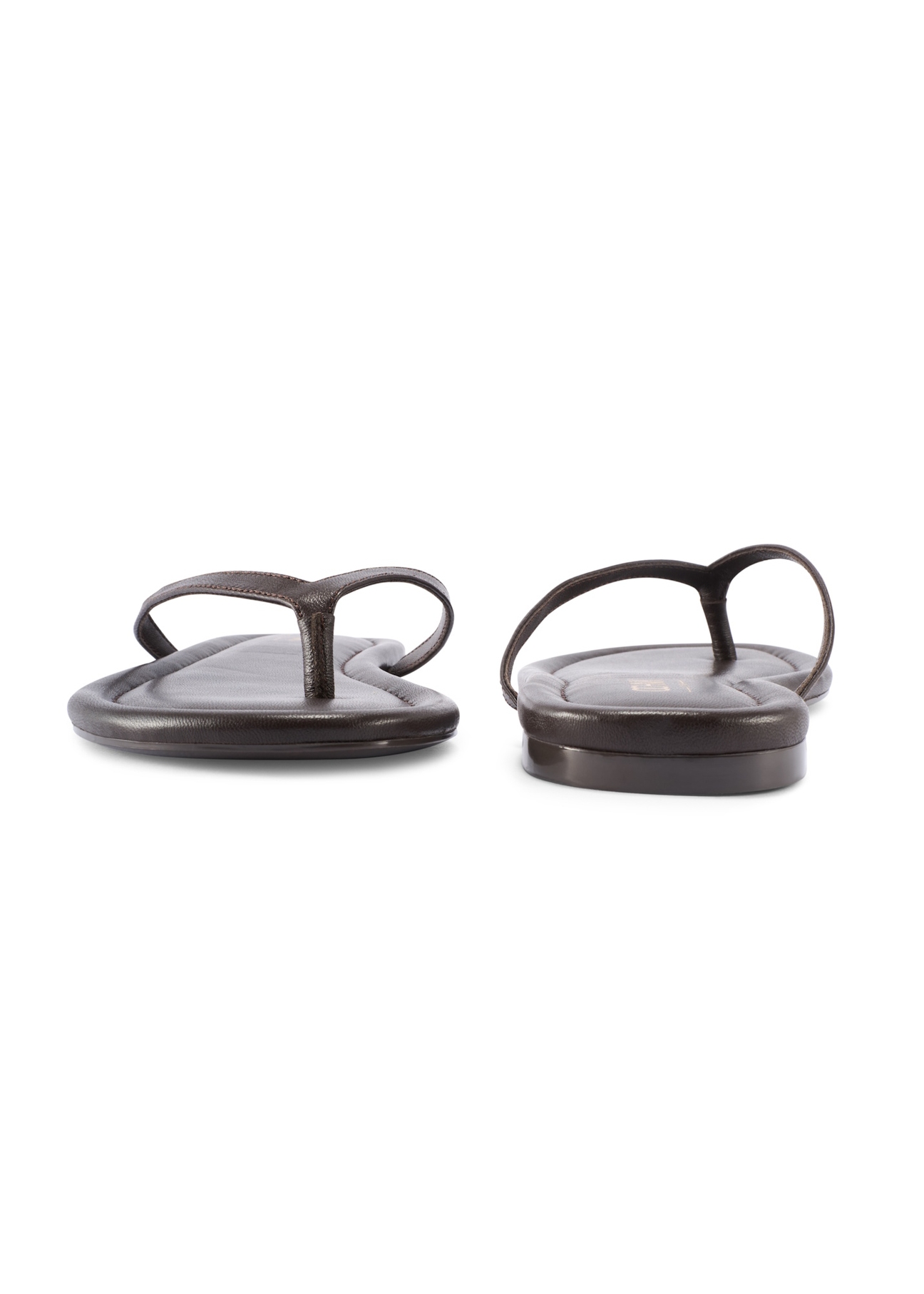 Women's dark brown leather flip-flops BUTYD-1271-1I(W26), front and back product view on white background.