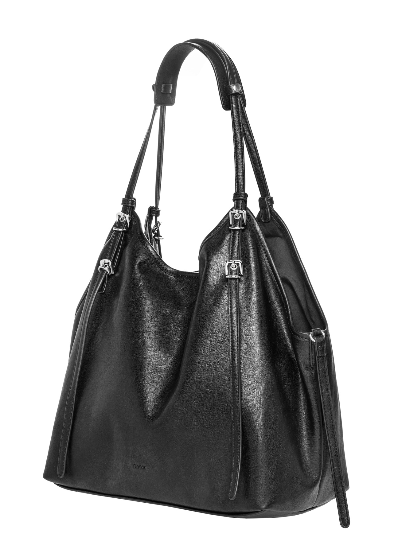 Black women's shopper bag made of imitation leather TOREC-1371-99(Z26), diagonal product view on a white background.