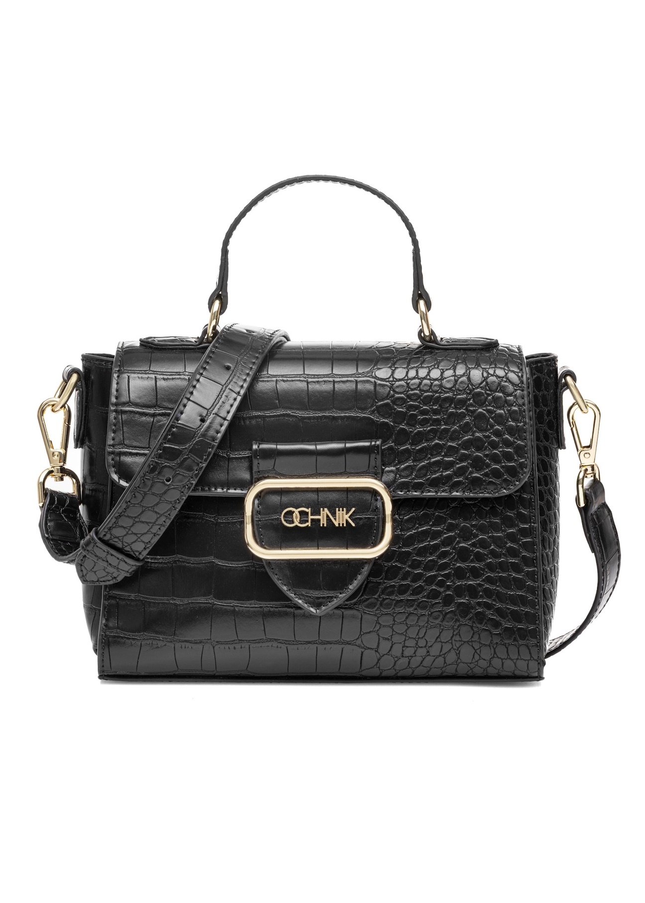 Black small women's croco handbag TOREC-0962A-97(Z25), front product view on white background.