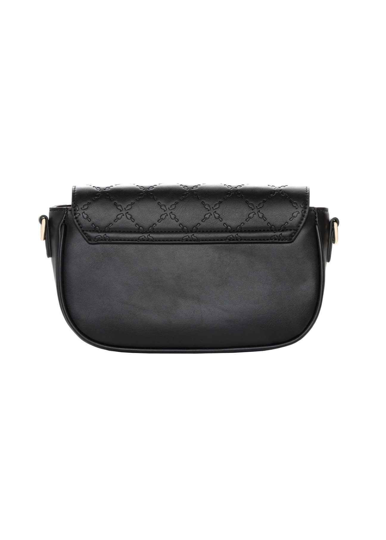 Small black women's messenger bag with monogram TOREC-1289-9P(Z26). Back view on a white background.