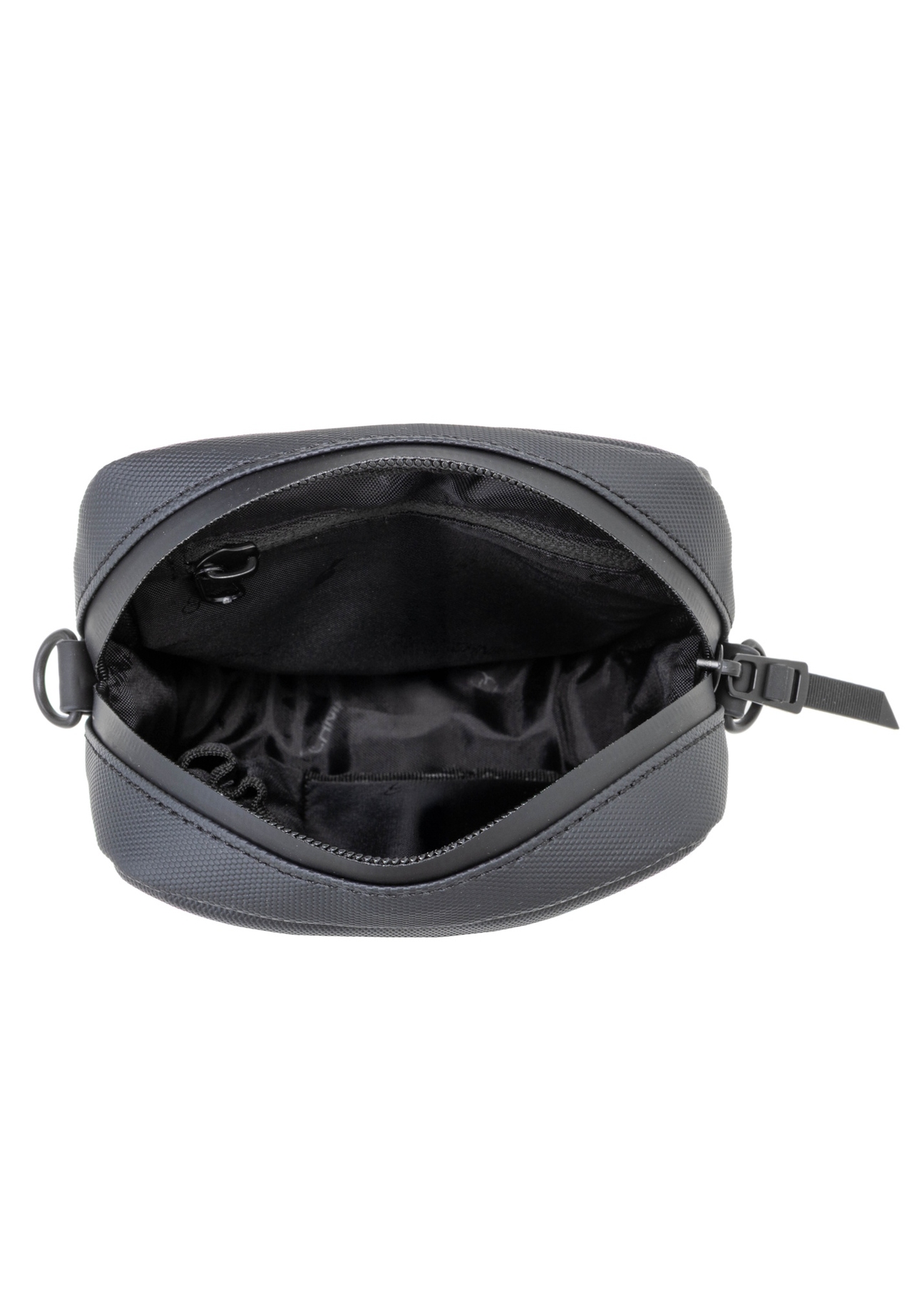 Men's small black messenger bag TORMN-0399-9J(W26), product view inside on white background.