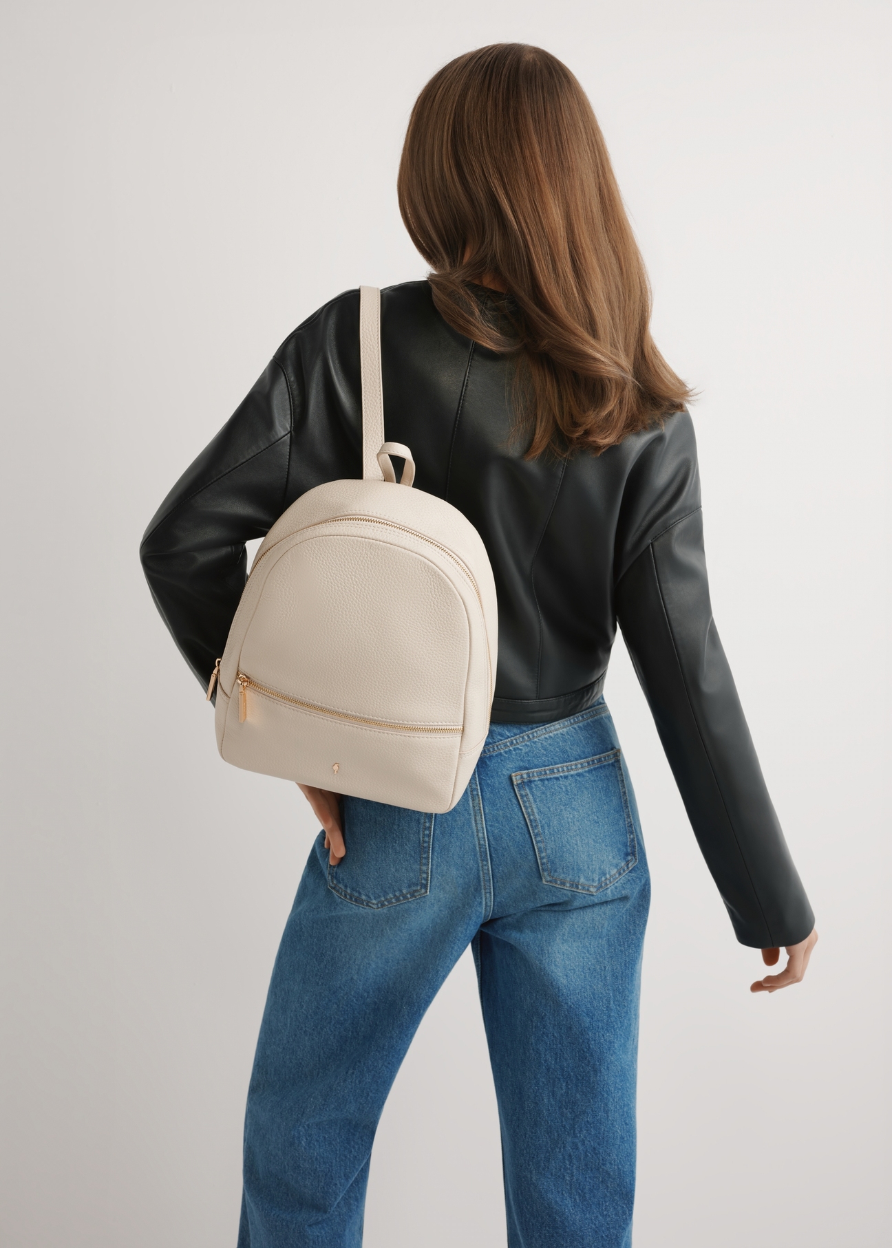 Cream leather women's backpack TORES-0898E-0B(W26), product view on the model's silhouette.