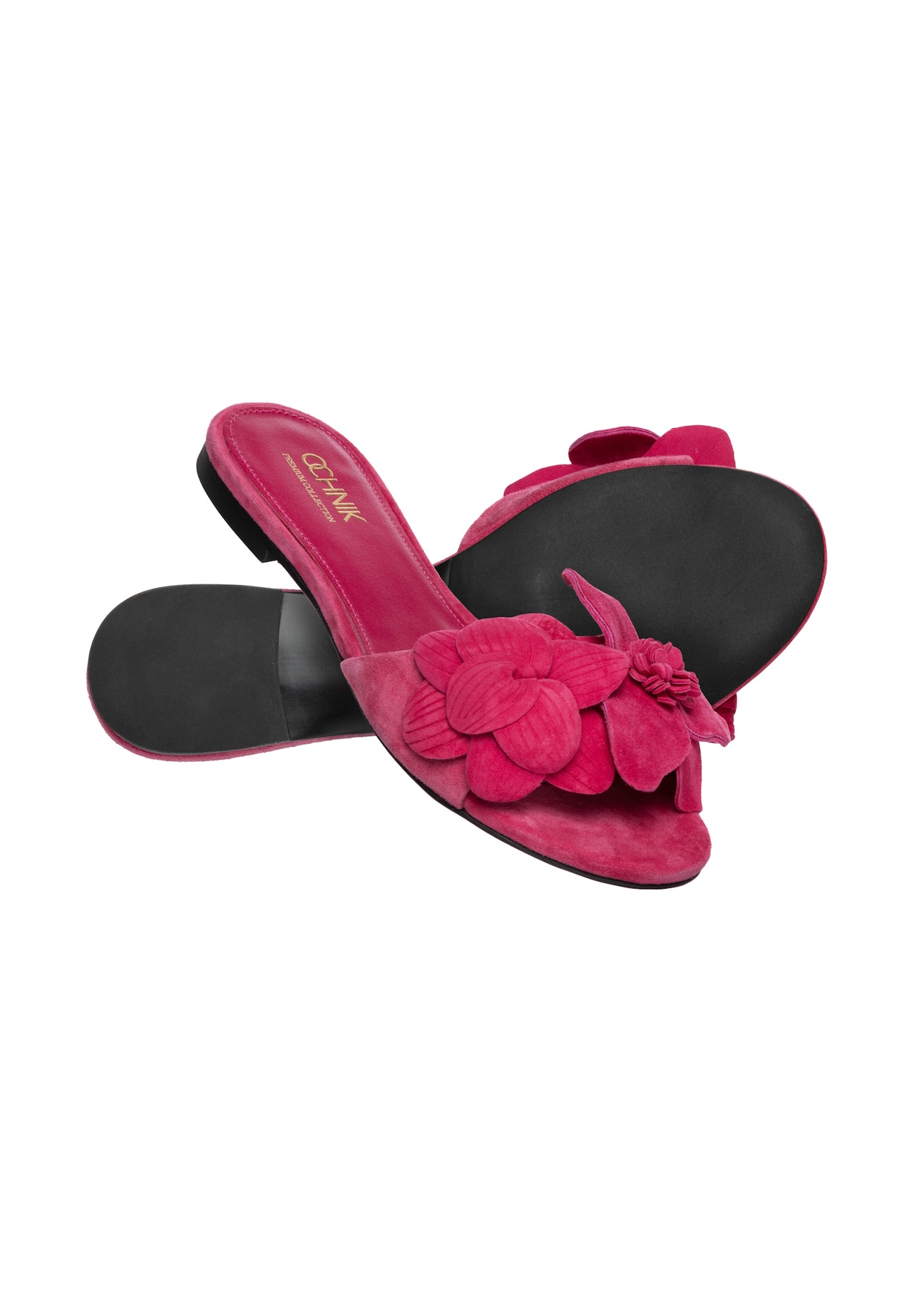 Women's fuchsia suede slides BUTYD-1237-5E(W26), diagonal product view on a white background.