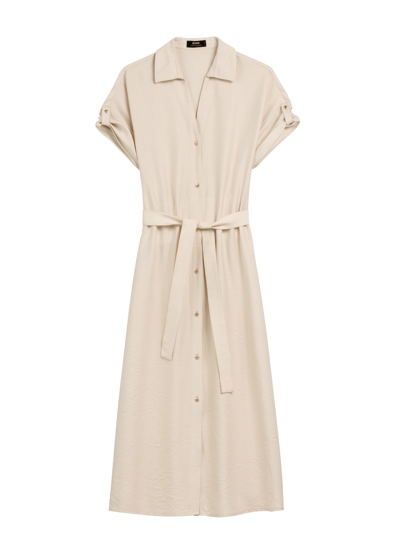 Light beige long dress with short sleeves SUKDT-0180A-1A(W26), front product view on white background.