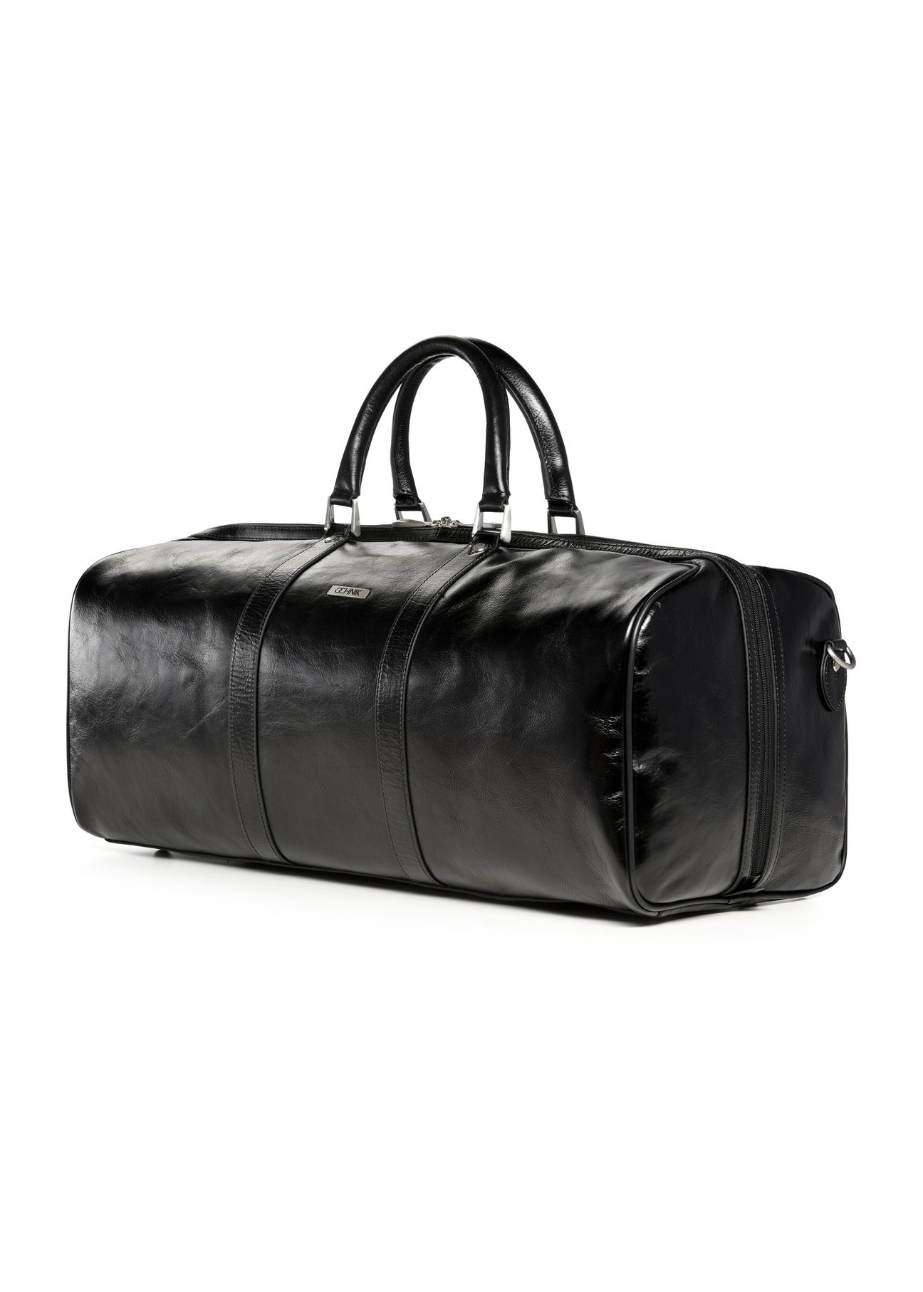 Black leather men's travel bag TORMS-0481-99(Z25), diagonal product view on white background.