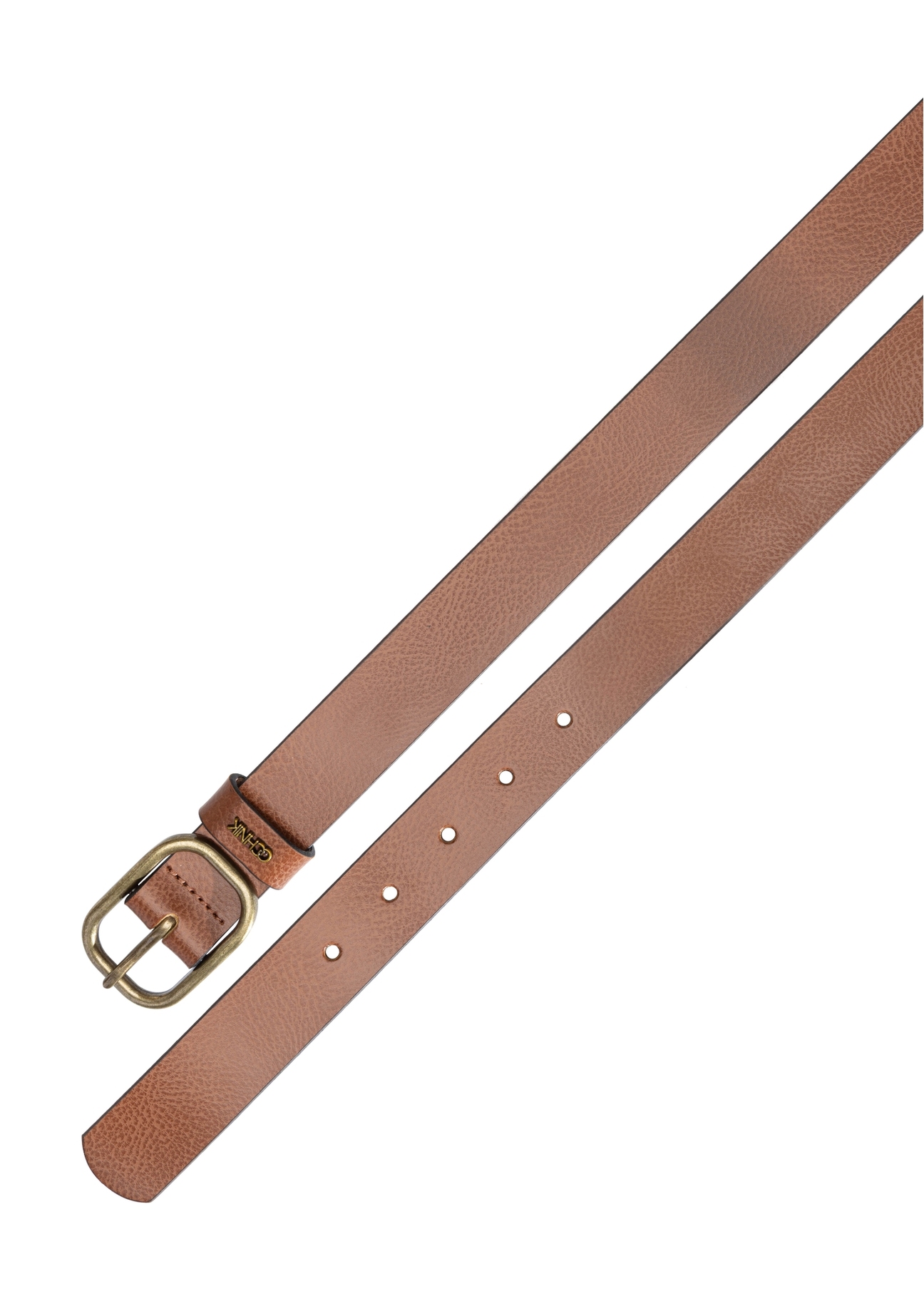 Cognac-colored women's leather belt PASDS-0335-1F(W26), top view of the product on a white background.