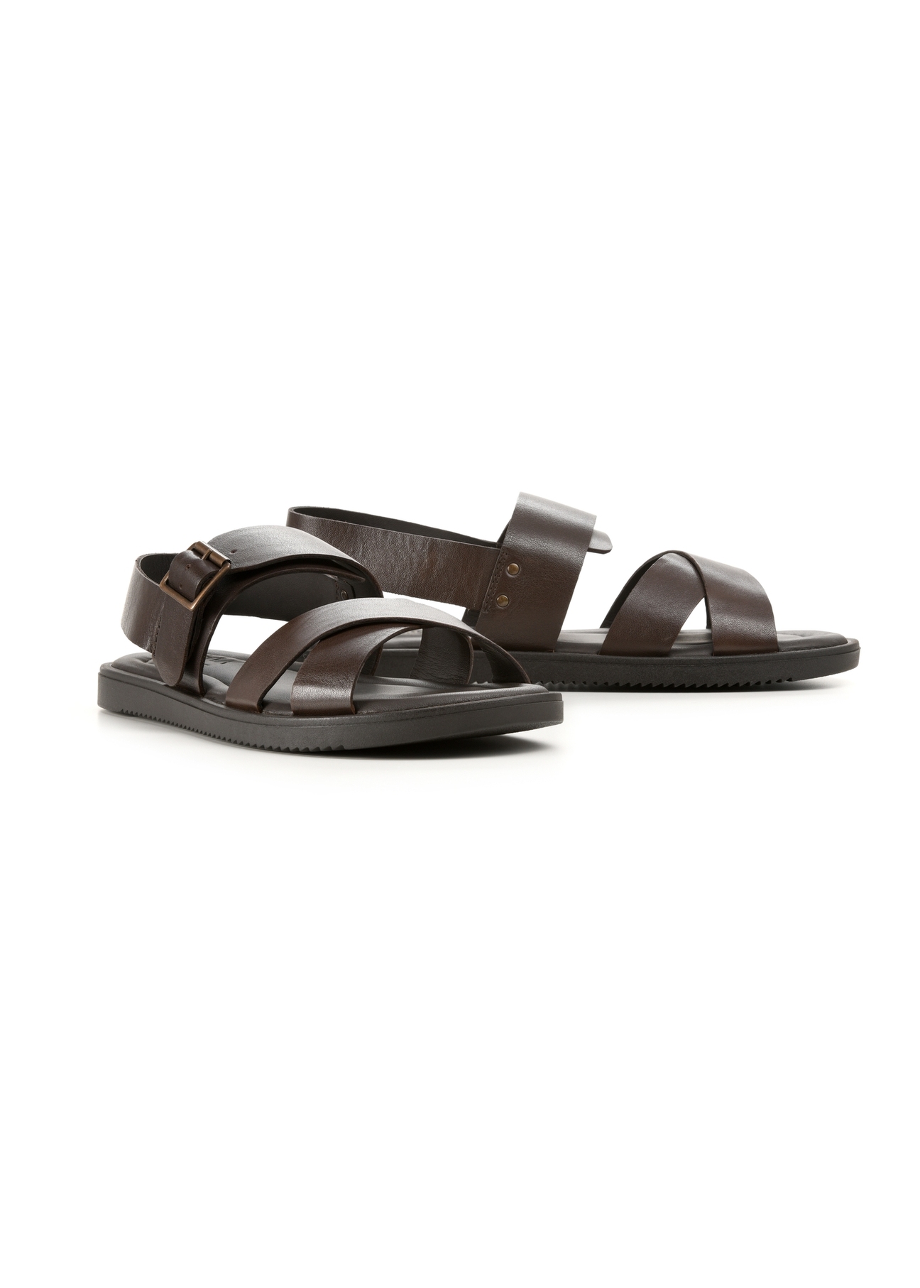 Men's dark brown leather sandals BUTYM-0537-1I(W26), diagonal product view on a white background.