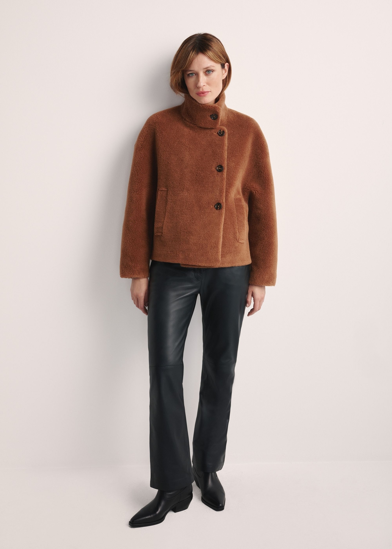 Brown woolen women's fur coat FUTDW-0033-1D(Z26), front view of the product on the model. The entire silhouette is visible.