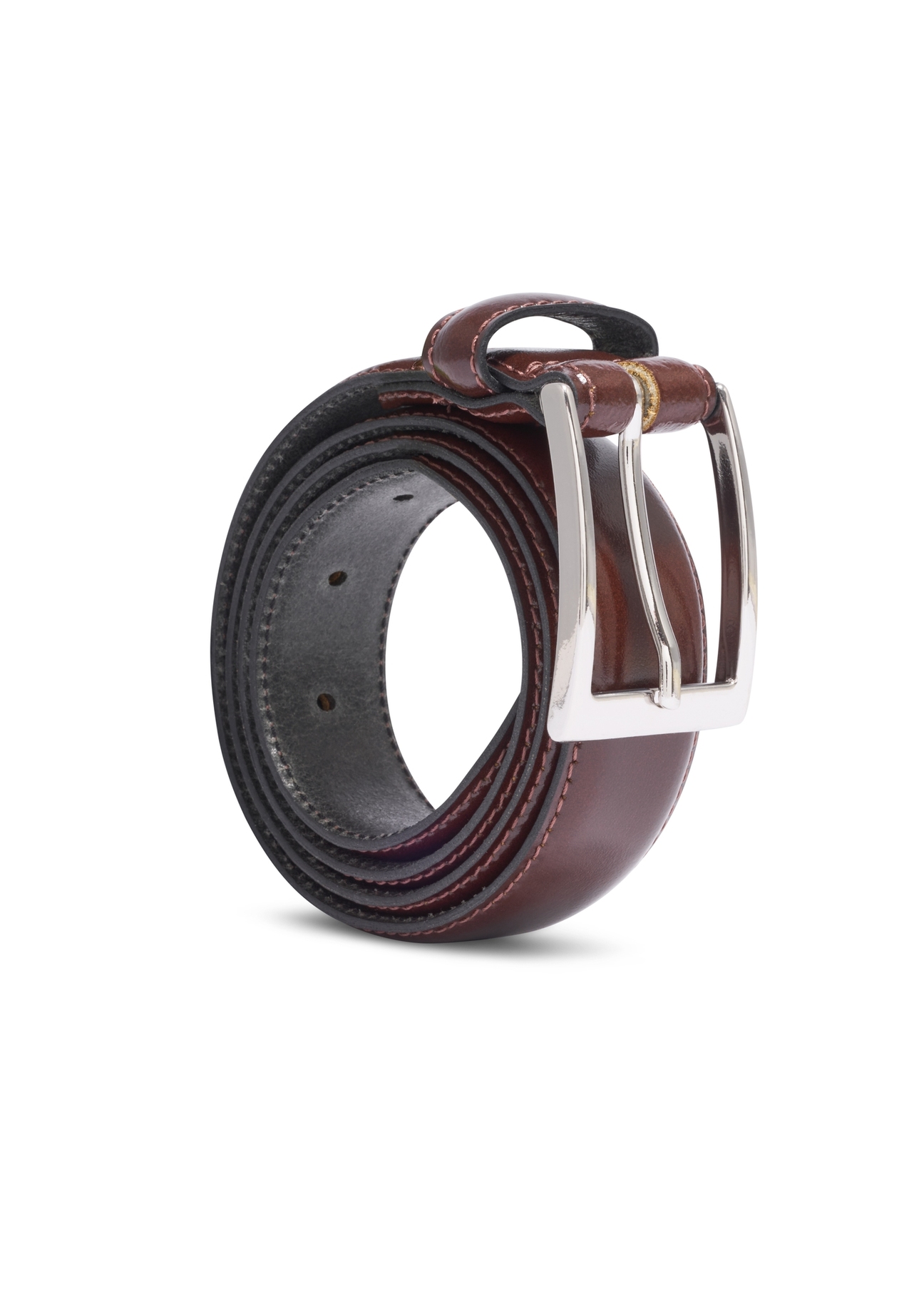 Brown men's leather belt PASMS-0244-1I(Z26), diagonal view of the product on a white background.