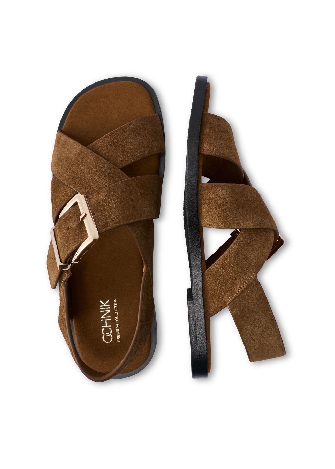 Women's cognac suede sandals BUTYD-1238-1F(W26) - product view from above, on a white background.