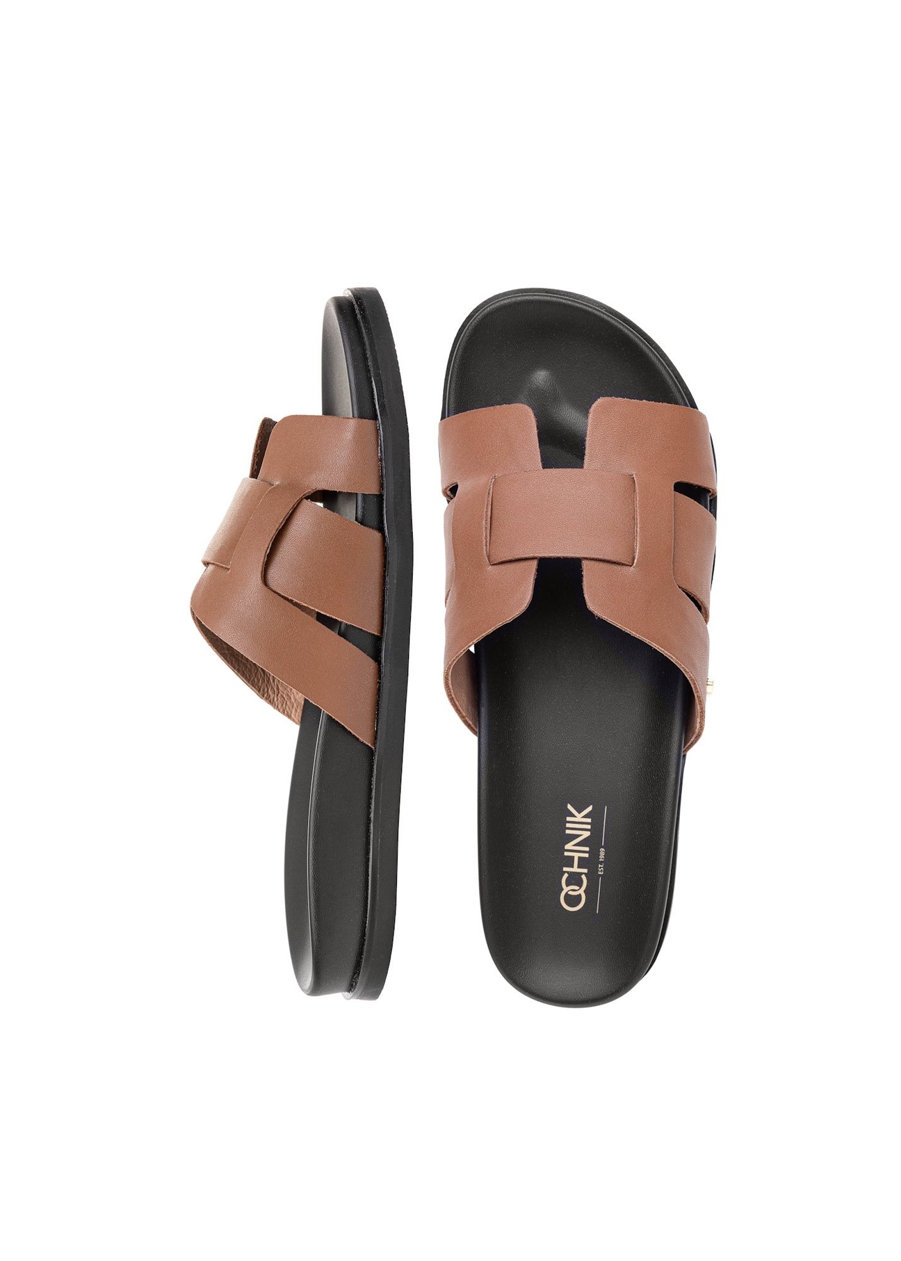 Camel leather women's flip-flops BUTYD-1163-1D(W26), product view from above on white background.