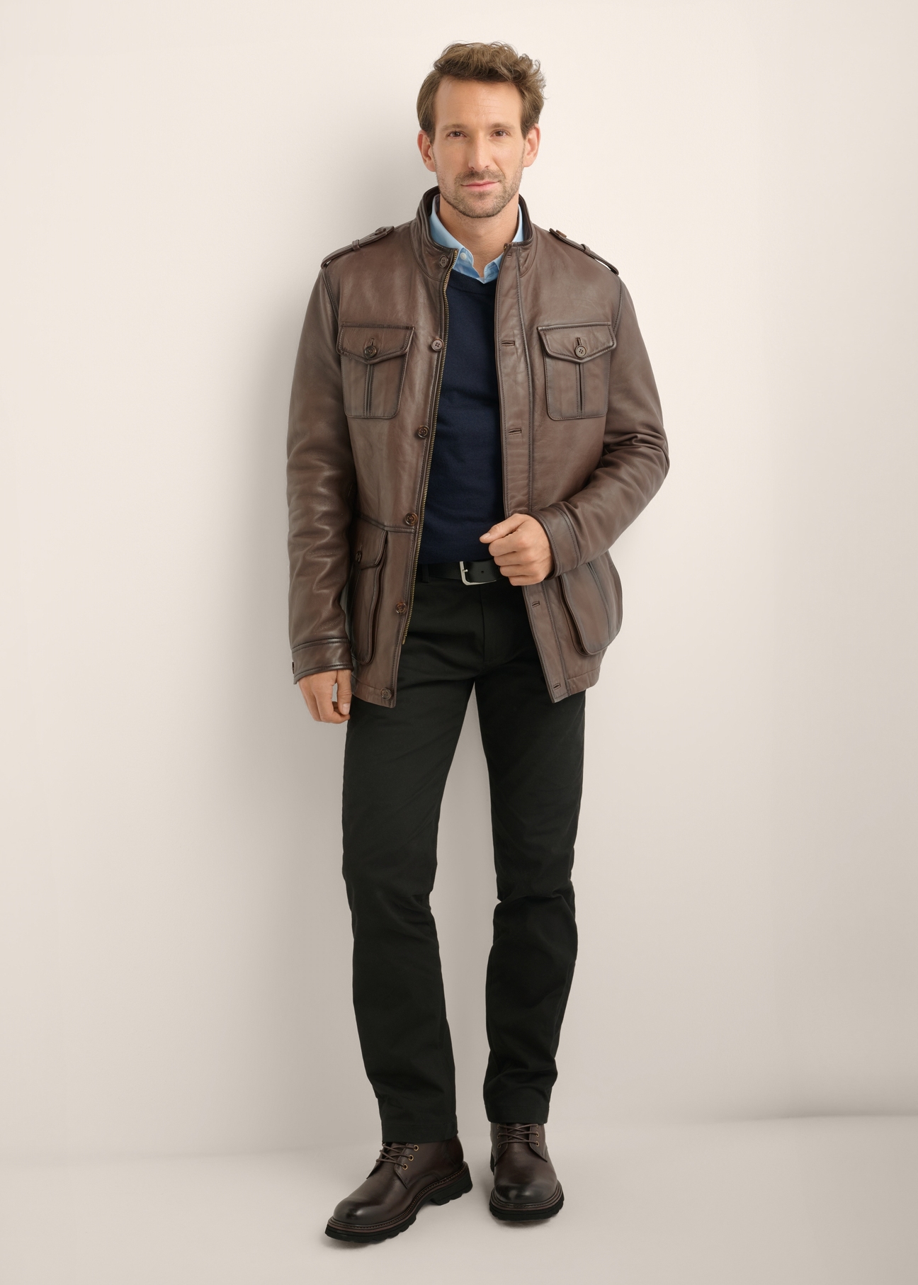 Brown men's leather jacket KURMS-0426-1H(Z26), front product view on model. Full body visible.