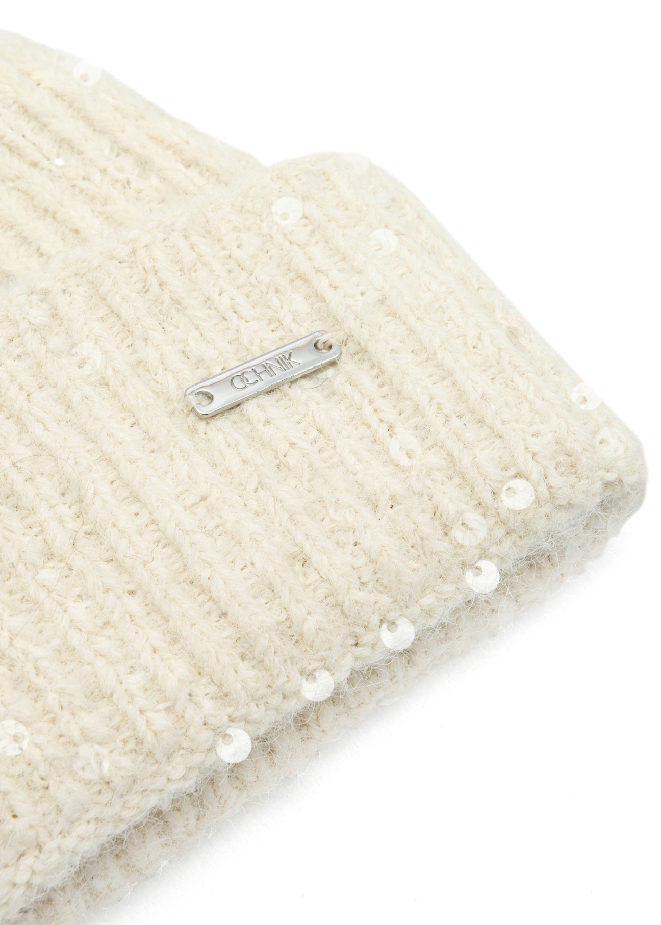 Cream women's hat with sequins CZADT-0203-16(Z25), close-up of the product detail on a white background.