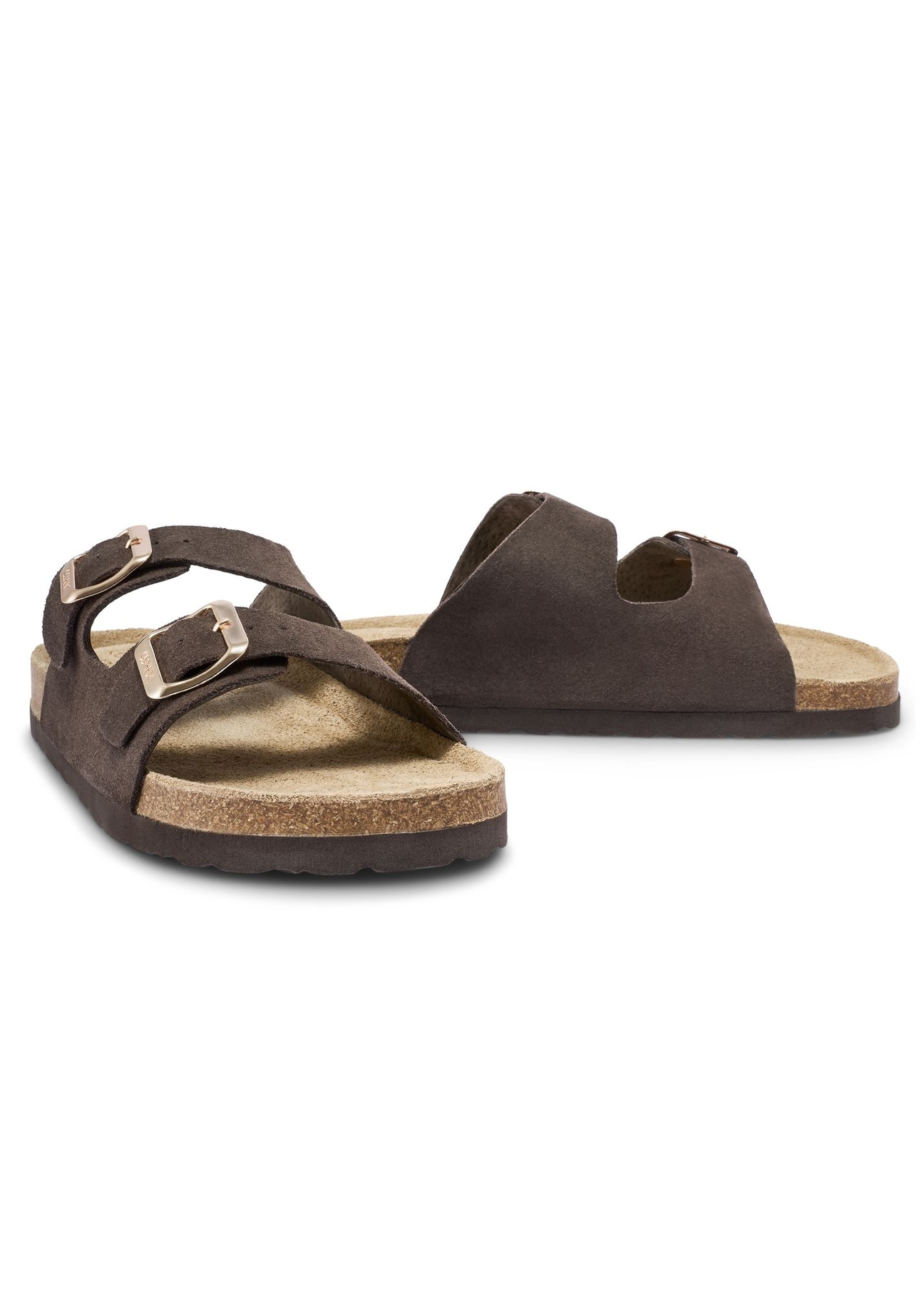 Women's dark brown leather flip-flops BUTYD-1158-1I(W26) - diagonal product view, on a white background.