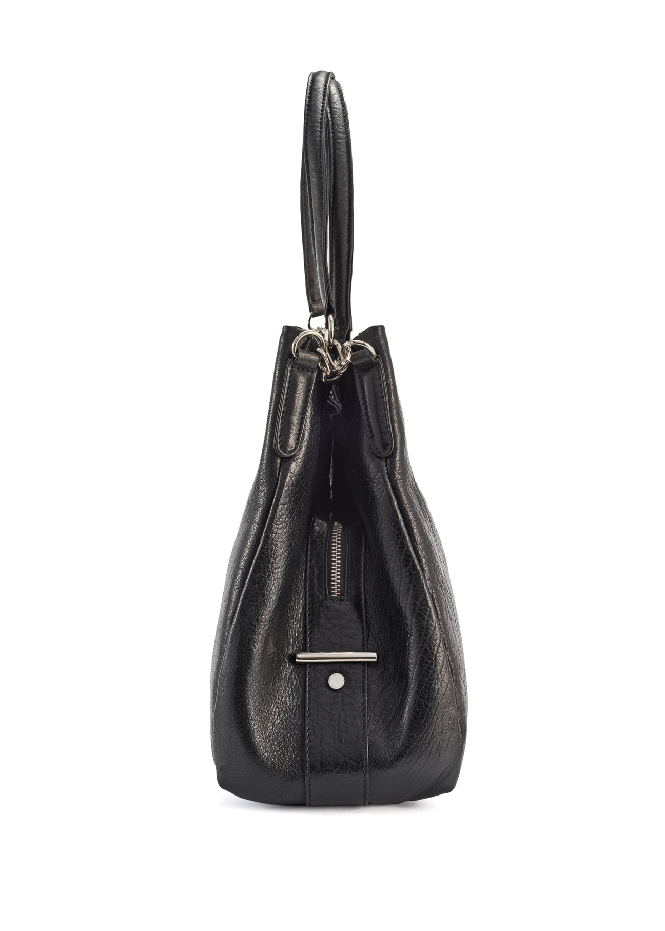 Black leather women's shopper handbag TORES-0636D-99(Z25), visible product from the side, view on a white background.