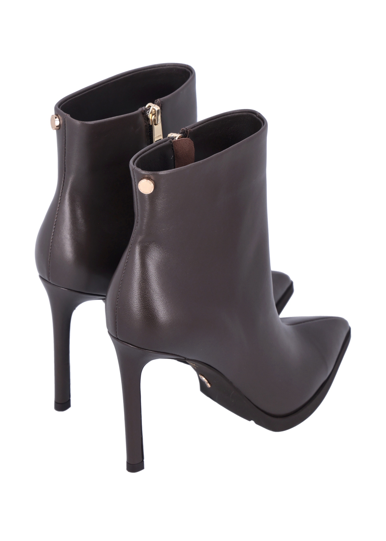 Dark brown leather high heel ankle boots BUTYD-1207-1I(Z26), back view of the product on a white background.