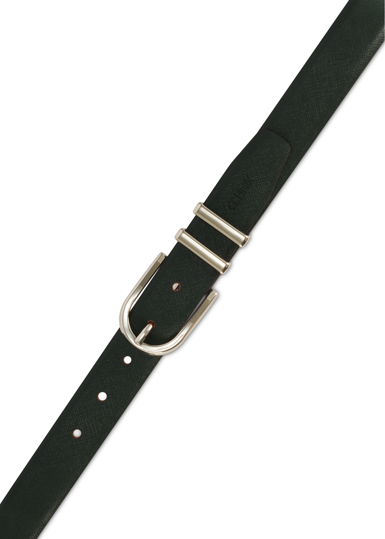 Green leather women's belt PASDS-0159D-54(Z25), view of the clasp of the product on a white background.