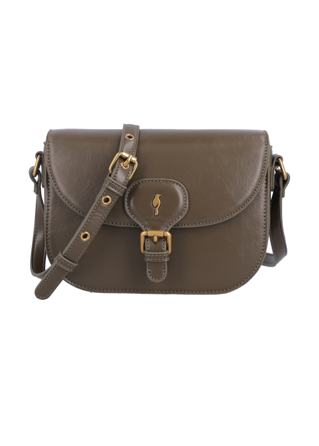 Small khaki women's messenger bag with decorative clasp TOREC-1243-8D(Z26), front product view on white background.