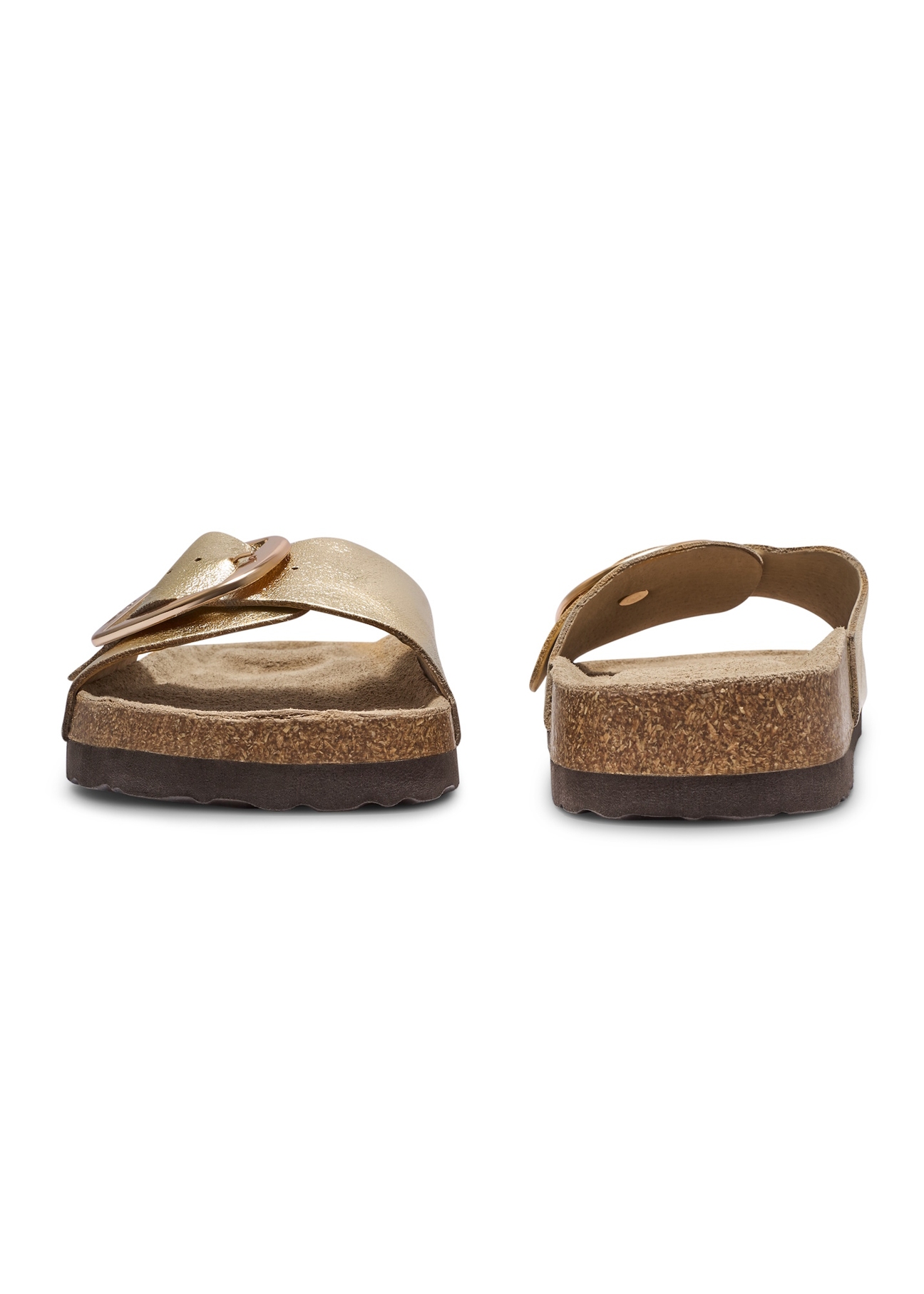 Women's gold leather flip-flops BUTYD-1157-2X(W26), front and back product view on white background.