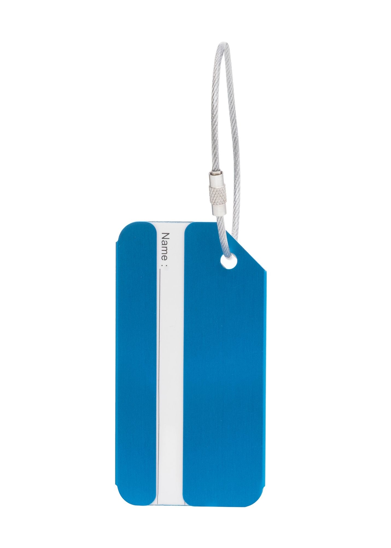 Blue luggage tag AW-012-0003-7B(W26), product back view on white background.