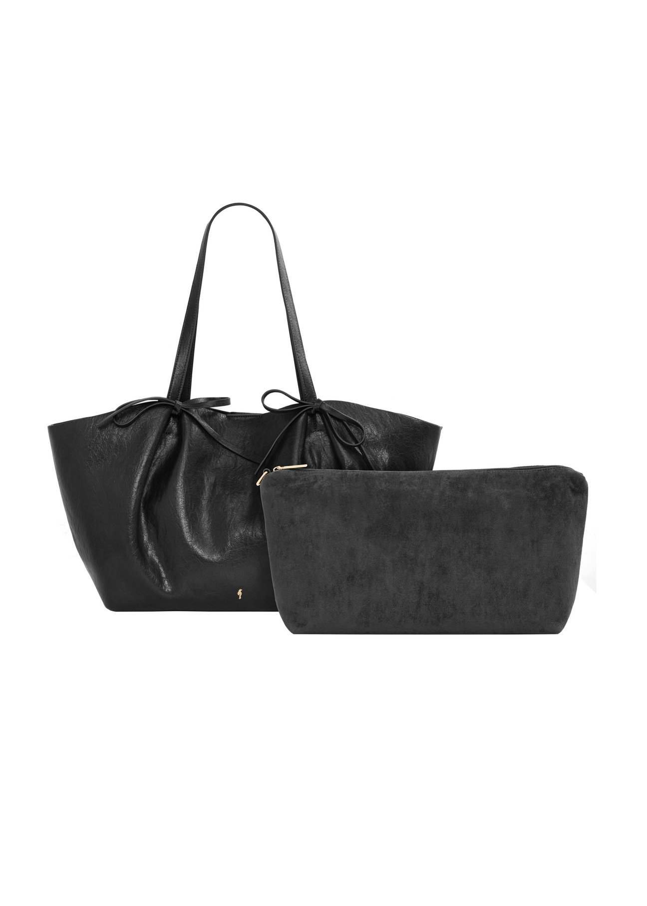 Black shopper bag with bows TOREC-1378-99(Z26), product view with cosmetic bag on white background.