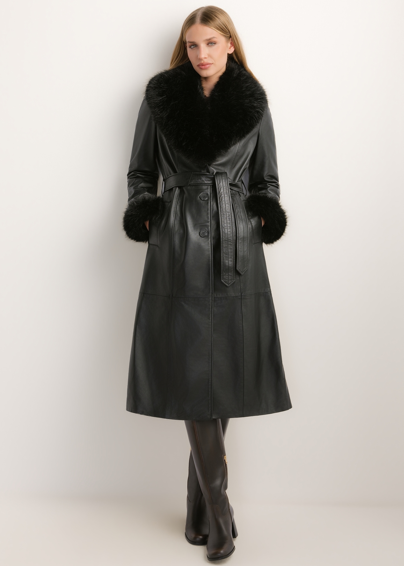 Women's black leather coat KURDS-0617-99(Z26), front view of the product on a model. Full body visible.