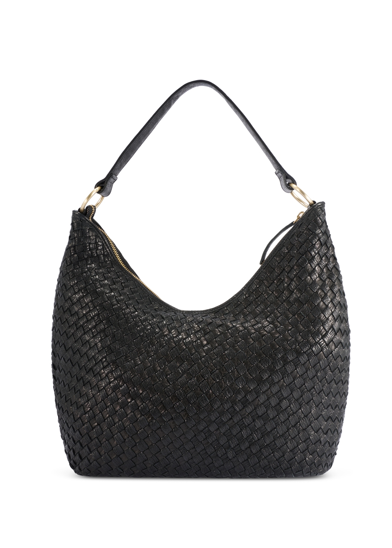 Black leather woven handbag TORES-1242-9P(W26), product view from the back on a white background.