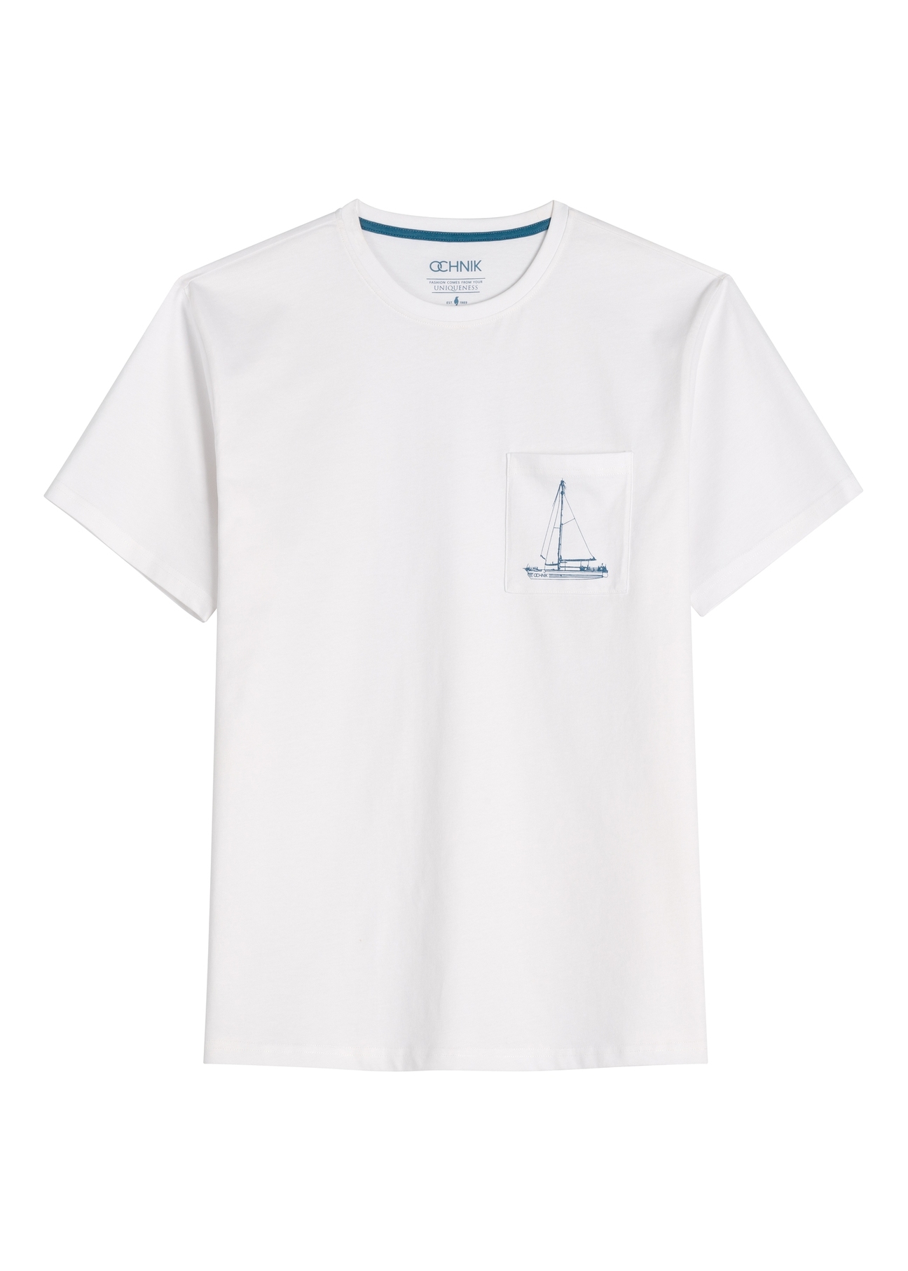 Men's white T-shirt with TSHMT-0145-0A(W26) print, front product view, on a white background.
