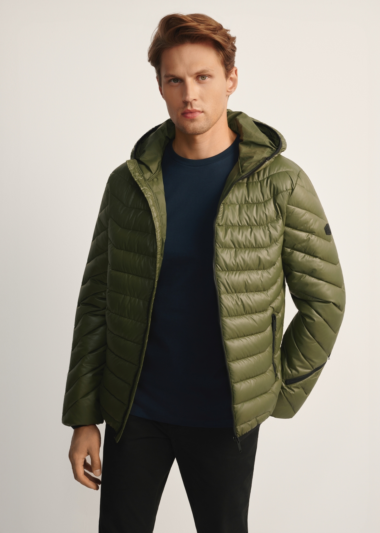 Men's olive green jacket KURMT-0380-57(Z25), front product view on white background. Half silhouette visible.