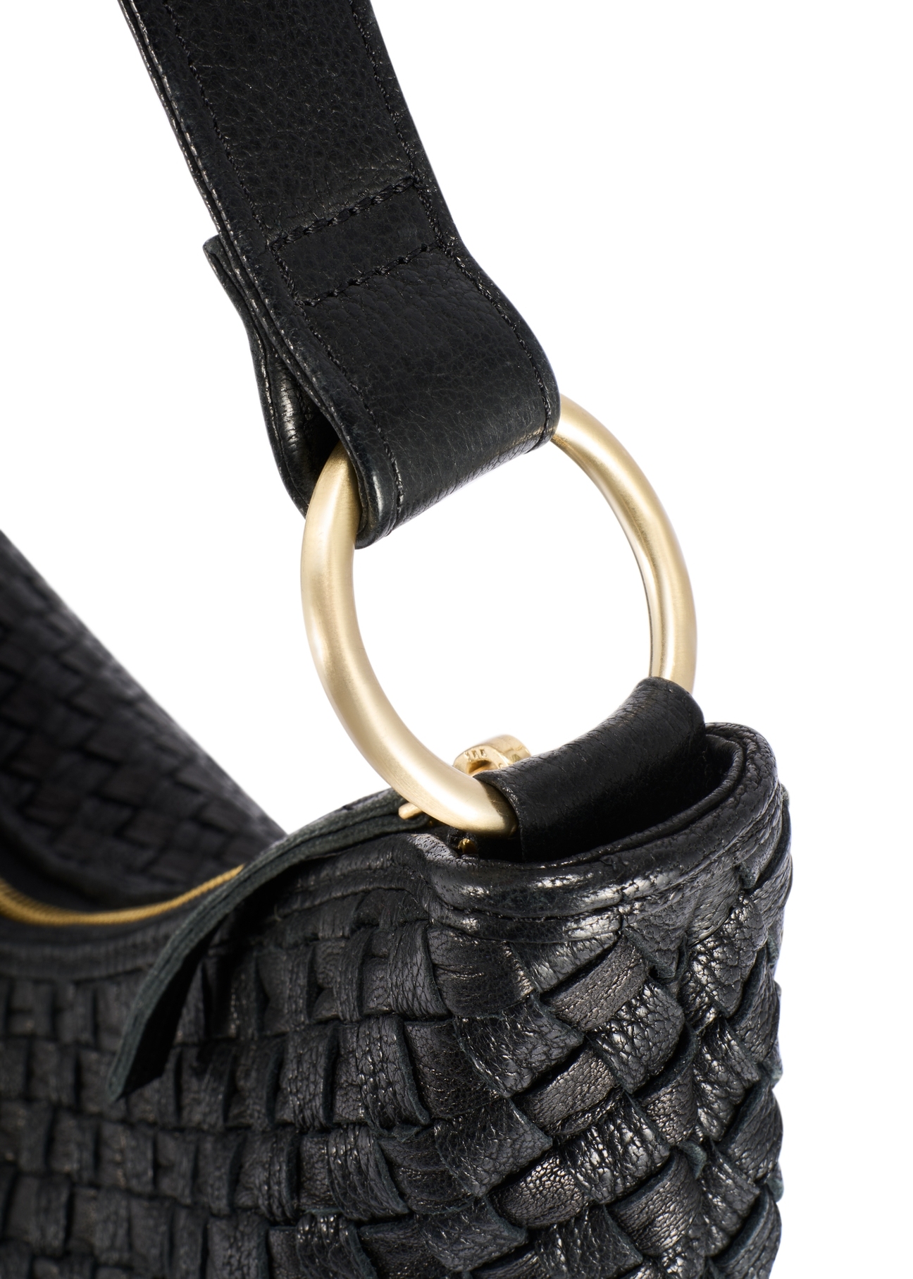 Black leather woven handbag TORES-1242-9P(W26), close-up of the product detail on a white background.