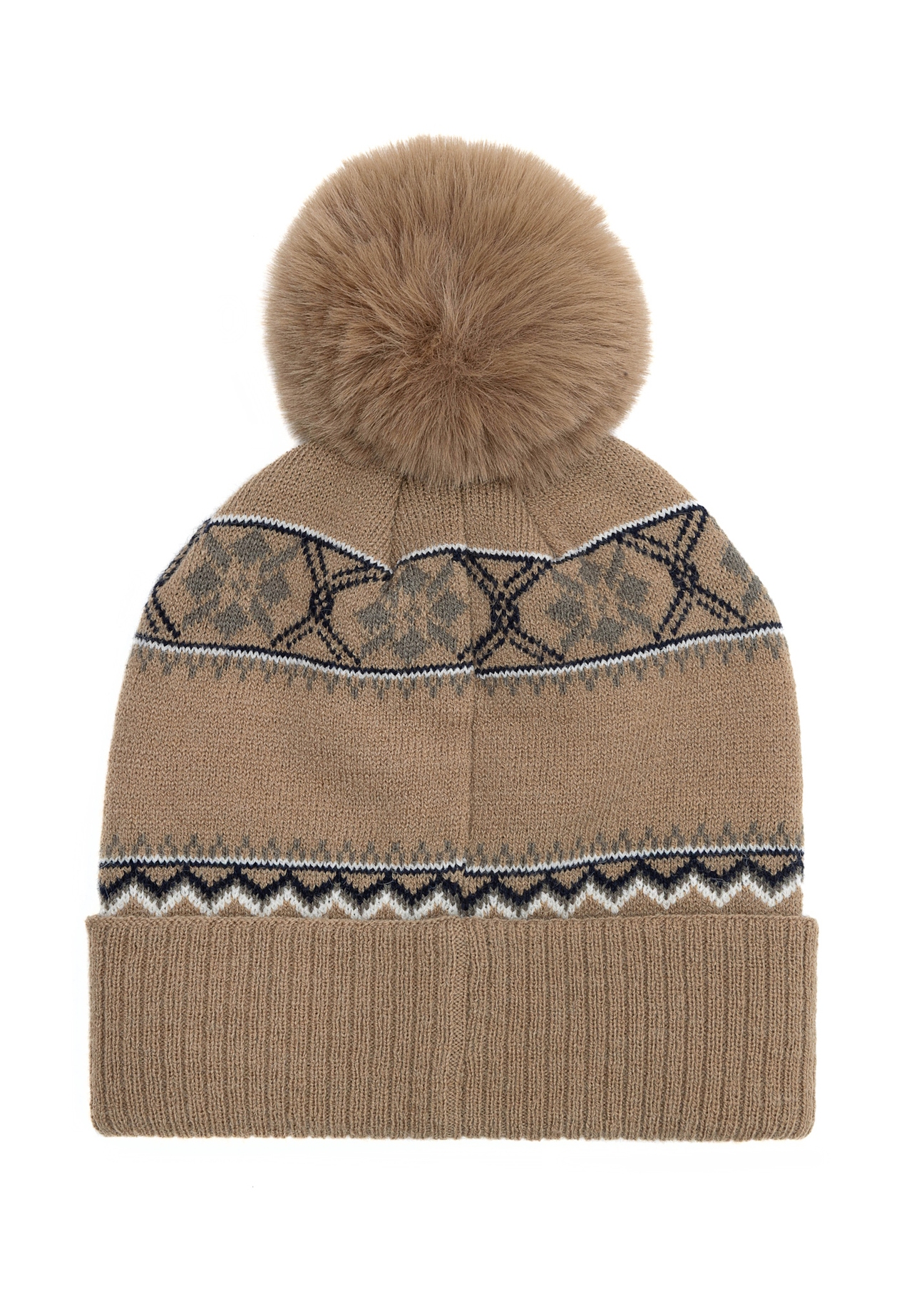 Beige men's hat with pompom CZADT-0083-81(Z 25) - back view of the product on a white background.