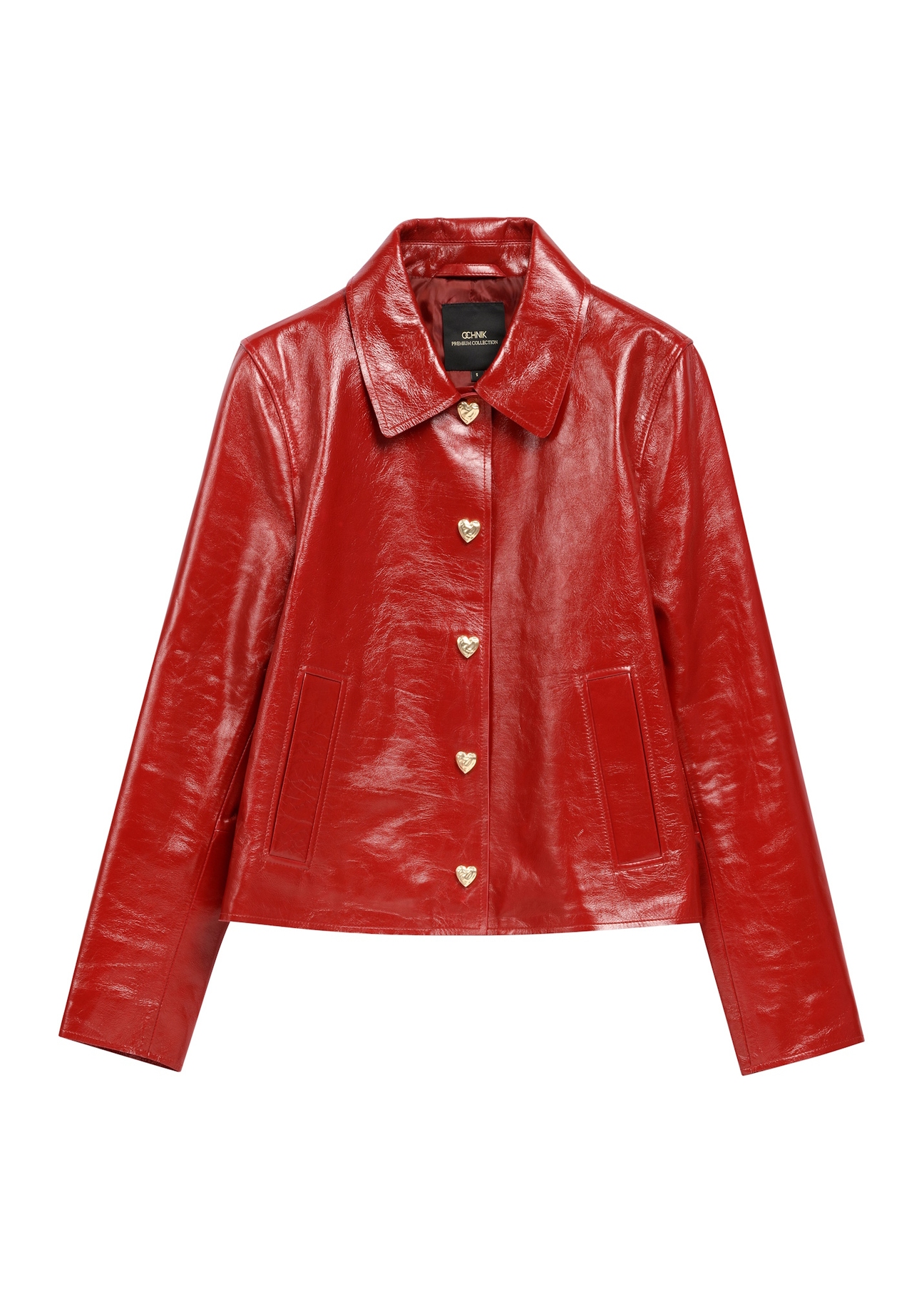 Red short women's jacket KURDS-0612-4B(W26), front product view on white background.