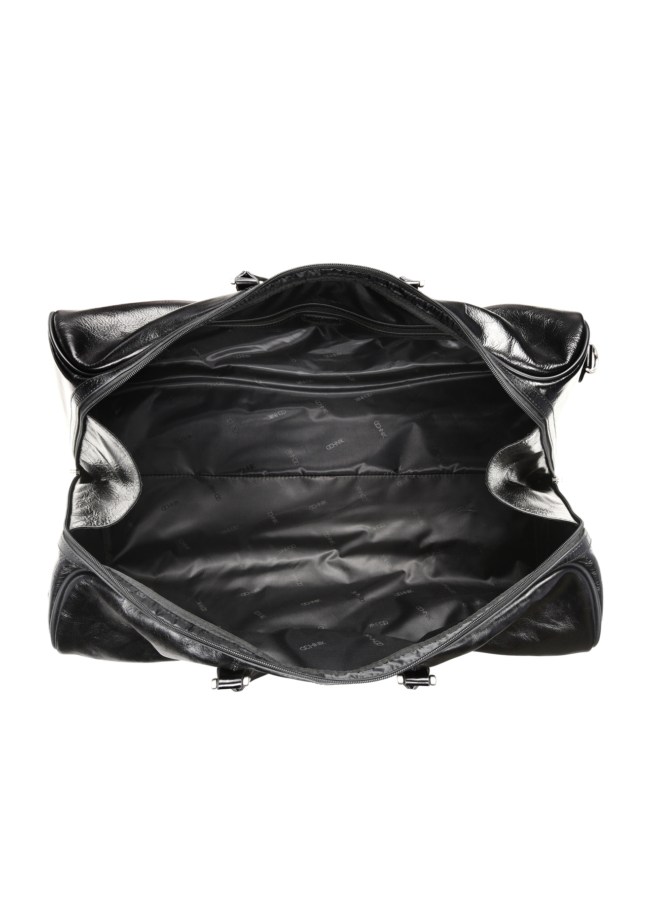 Black leather men's travel bag TORMS-0481-99(Z25), product view from the inside on a white background.