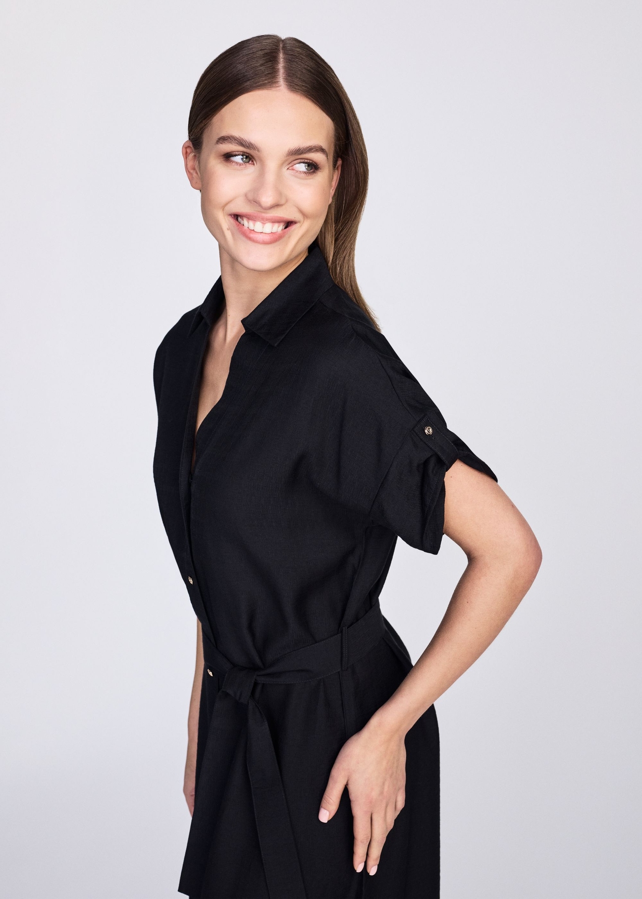 Black long dress with short sleeves SUKDT-0180A-99(W25)-02
