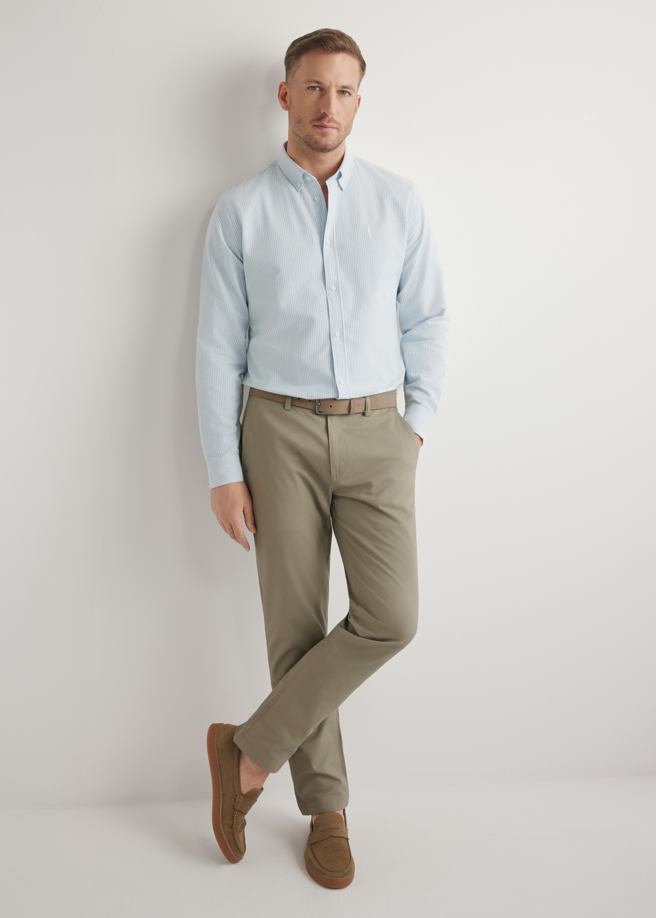 Men's blue cotton striped shirt KOSMT-0354-7B(W26), front view of the product on the model. Full body visible.