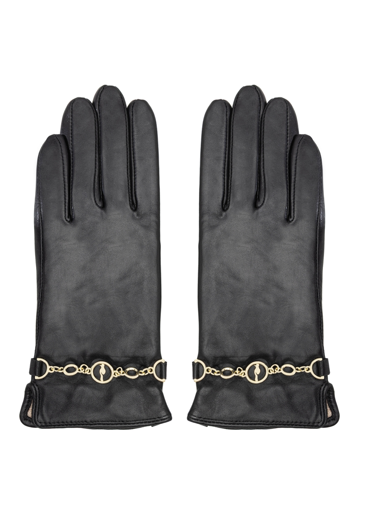 Women's leather gloves with chain REKDS-0101-99(Z25), product view from the front on a white background.