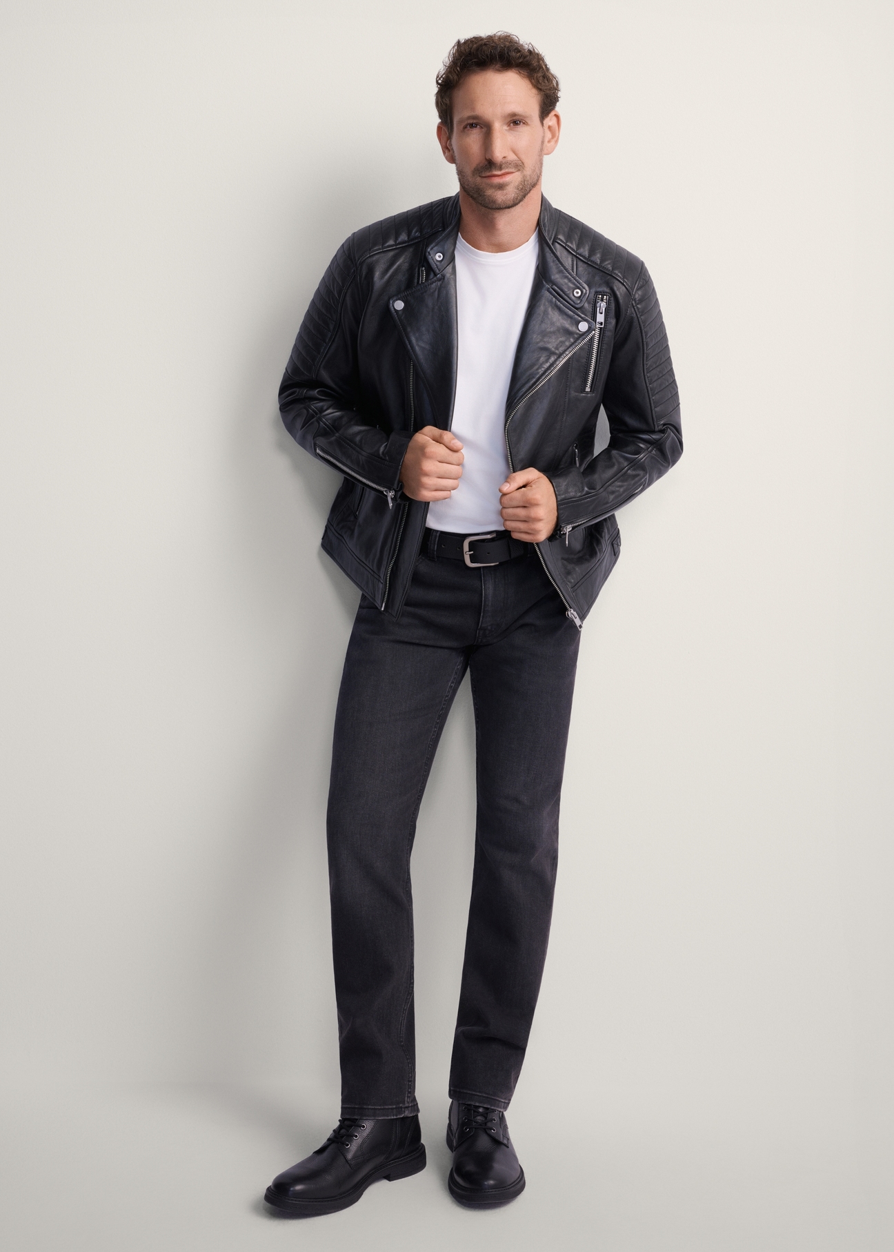 Men's leather biker jacket KURMS-0179L-5427(KS), front product view on model. Full body visible.