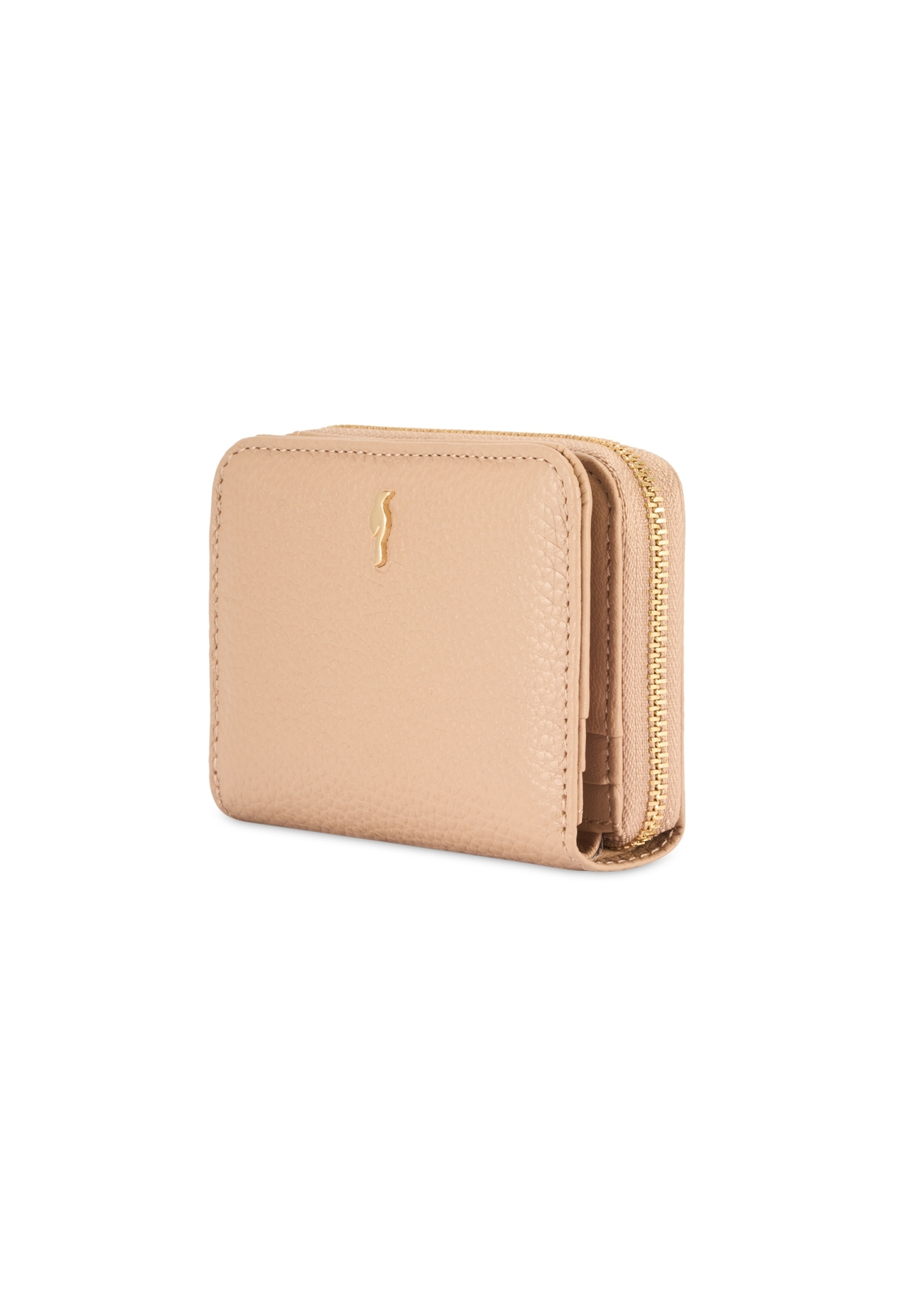Small beige leather women's wallet PORES-0833R-1B(W26), diagonal product view on white background.